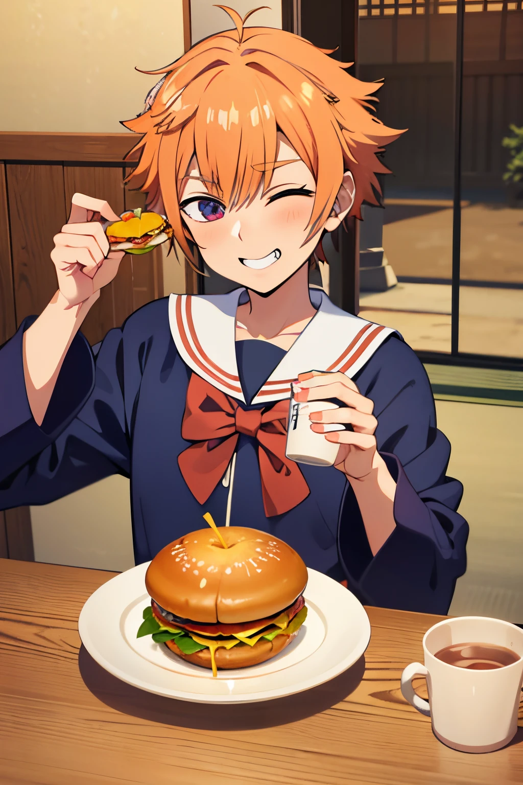 rule63, genderbend, japanese schoolgirl uniform, eating, one small cheeseburger, happy, one plate, cozy house, winking