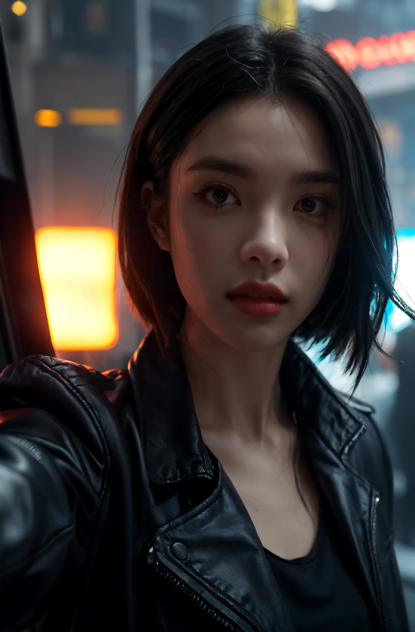 Style of blade runner,selfie of 1girl ,jacket ,Uhd,