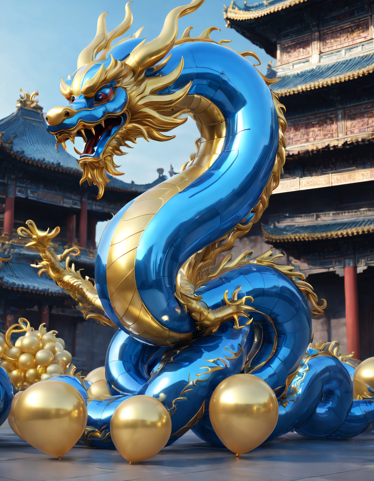 （balloon art design），（Chinese dragon made of transparent blue and gold balloons），Half cyberpunk，Complex and gorgeous CG style, hyper detailed 3d render,, c4d, Rendered by Octane, Blander, 8K, k hd， com mascot，Holographic Chinese Palace