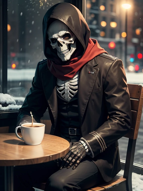 1 Male character "death", skull face, New Year, Santa Claus costume, death, skeletal hands, Sitting in a café, Coffee in hand，Fireworks outside the window， It's snowing，Evening music，Perfect Quality，Clear Focus，extremely colourful