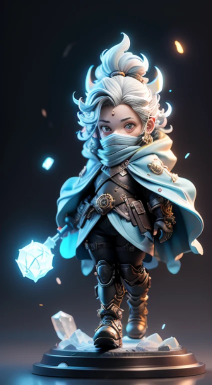 Blind box mode,Ghost armor holding a huge ice wand,Male mage,Ice blue armor all over,Super cool ghost mage,Wearing an ice blue cape,Huge staff,A magic ball that glows,Magical poses,Tall and tall,glowing light eyes,With a mask,Tall figure,Perfect body proportion,Look up at the perspective,super detailing,IP by pop mart,rim-light ,head portrait,rendering by octane,Blander,full bodyesbian,Clean black background,3d,c4d,best qualtiy,The is very detailed,Ancient Techniques, HDR(HighDynamicRange), Ray traching, NVIDIA RTX, Hyper-Resolution, Unreal 5, sub surface scattering, PBR Texture, post-proces, Anisotropic filtering, depth of fields, Maximum clarity and sharpness, Many-Layer Textures, Albedo e mapas Speculares, Surface Coloring,Accurately simulate light-material interactions,perfectly proportions,rendering by octane,twotonelighting,Low ISO,White balance,trichotomy,Wide aperture,8K RAW,High-Efficiency Sub-Pixel,sub-pixel convolution,Luminous Particle,Light scattering,Tyndall effect