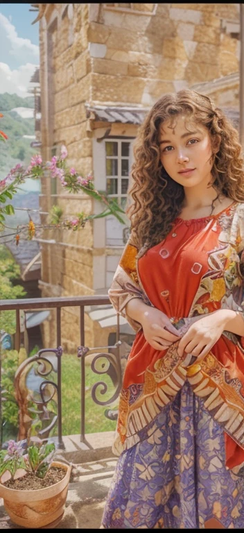 (best quality,4k,realistic,realistic nature background,realistic curly hair girl:1.2),butterflies all around,carefully detailed face of an eighteen-year-old girl with curly hair,high-res,ultra-detailed,professionally painted background,beautifully-rendered butterflies,subtle lighting,rich vibrant colors change background to mountains with waterfalls give the picture a anime look