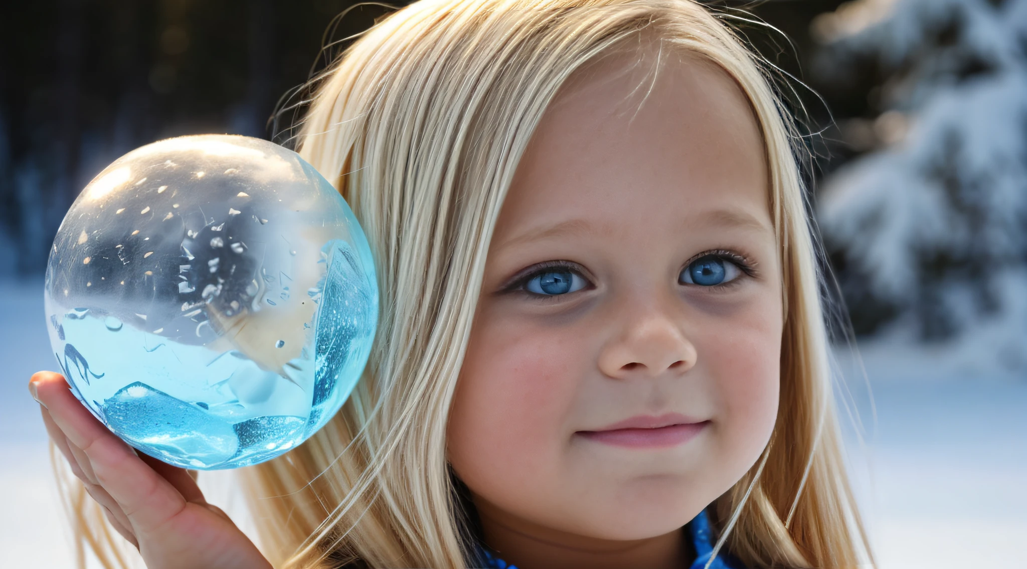 a close-up of a blonde child with long hair , ICE BALL IN HANDS.