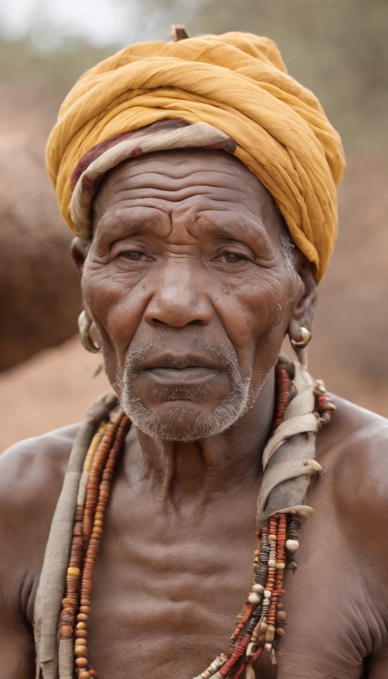 Old african tribal man, (((many wrinkles))), (((tribal))), wearing a yellow turbant, using tribal tools, tribal earrings, (((very wise man))), most old man in his tribe, very dramatic scene