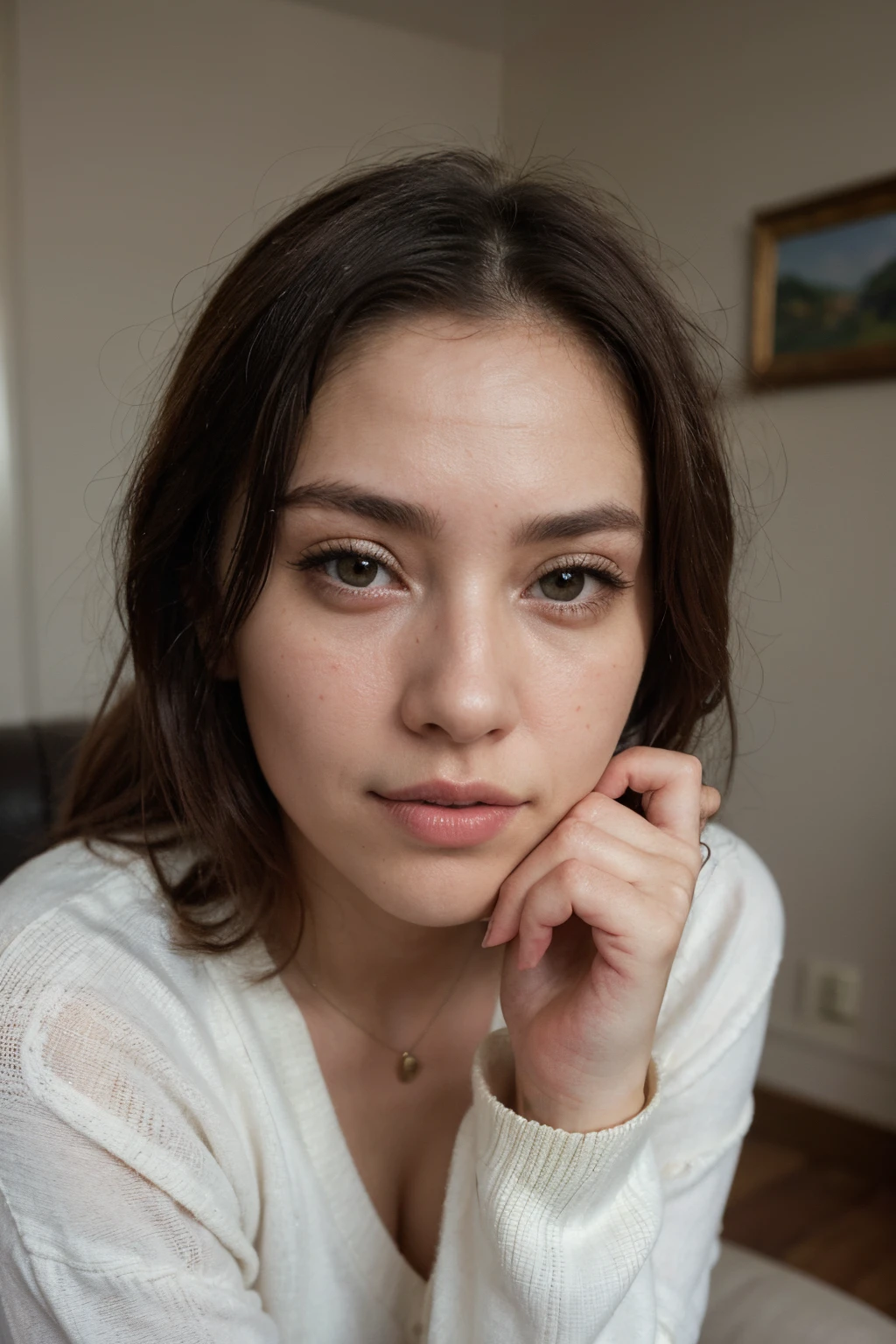 Arafed Frau total , Sexy woman with green eyes, Ultra-realistisch, Akribisch detailliert, portrait sophie mudd, Black hair and big eyes, lange Wimpern, Selfie einer jungen Frau, Augen, vor Spiegel, lachend, Violet Myers, Cat-eye Make-up, Direkt in die Kamera starren, Muttermal im gesicht, Gesicht mit Artgram, aufgespritzte Lippen, Stunning photo of the whole body, selfievideo, im Schlafzimmer, kleine Oberweite, im Body Suite