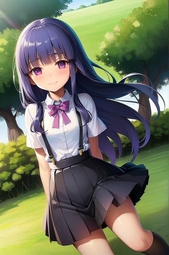 ((loli)), middle hair, navy hair, dark blue hair, round eyes, dark purple eyes, sparkling eyes, tareme, 1 girl, smile, (blush), medium breasts, ((petite)),［pale skin］(suspender skirt), t-shirt, ribbon choker, ((waving)), ((full body)), sunny, countryside, rural