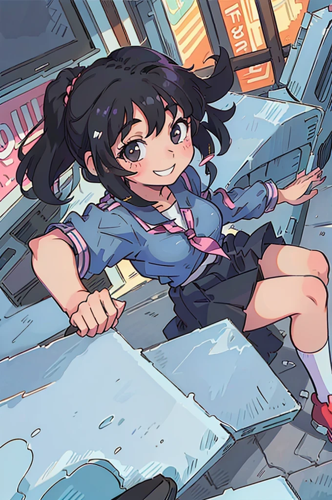 anime stylish girl, High school girl in uniform, Short black hair, Enthusiastic, Street, A smile, 1990s anime