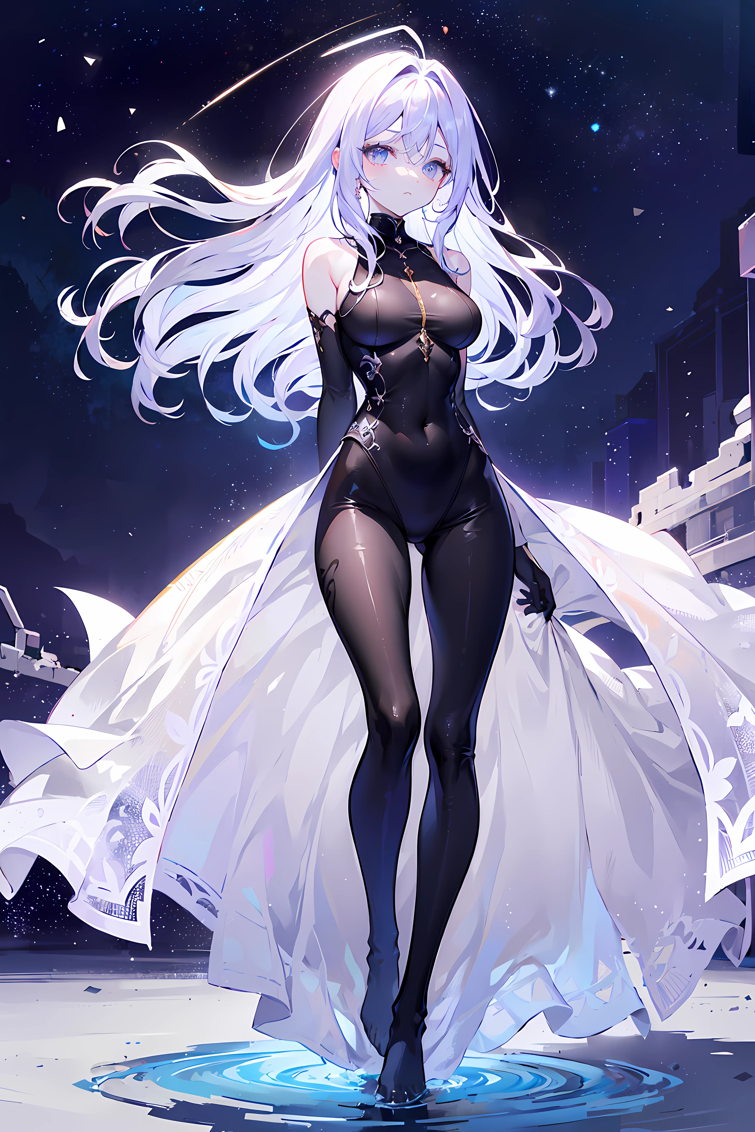 Lilac gradient hair,Asymmetrical hair,（（Hair is very thick 1.8，Hair is well-defined1.6））， Hair over the shoulder, messy  hair, Very long hair, shinny hair，(Long gray hair:1.2),A beautyful girl，（Luxury Platinum Mini Ultra Short Platinum Lolita，Made of transparent material），（Transparent clothes transparent 1.8），perfect body figure，big thin legs，slenderness，(looking sad，Haggard complexion ，grieves，close your mouth：1.2） Against the backdrop of an unusually bright dark starry sky，（Place your hands behind your back），（Round,tuba, firm breast），Barefoot，afloat，waterface，（long leges，long leges，long leges，Perfect leg shape），Full body photo。