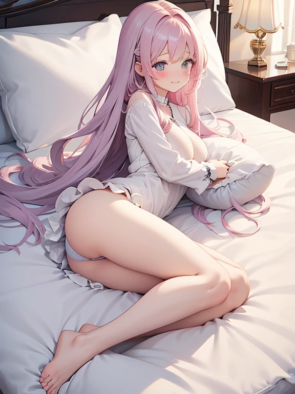 (long fluffy stuffed body pillow:1.2)、Prone position、angel is hugging a pillow, wrapping her legs around the pillow、focus on her , goddes beautiful angel, medium large brealle flowin garment, caring smile, blushed,