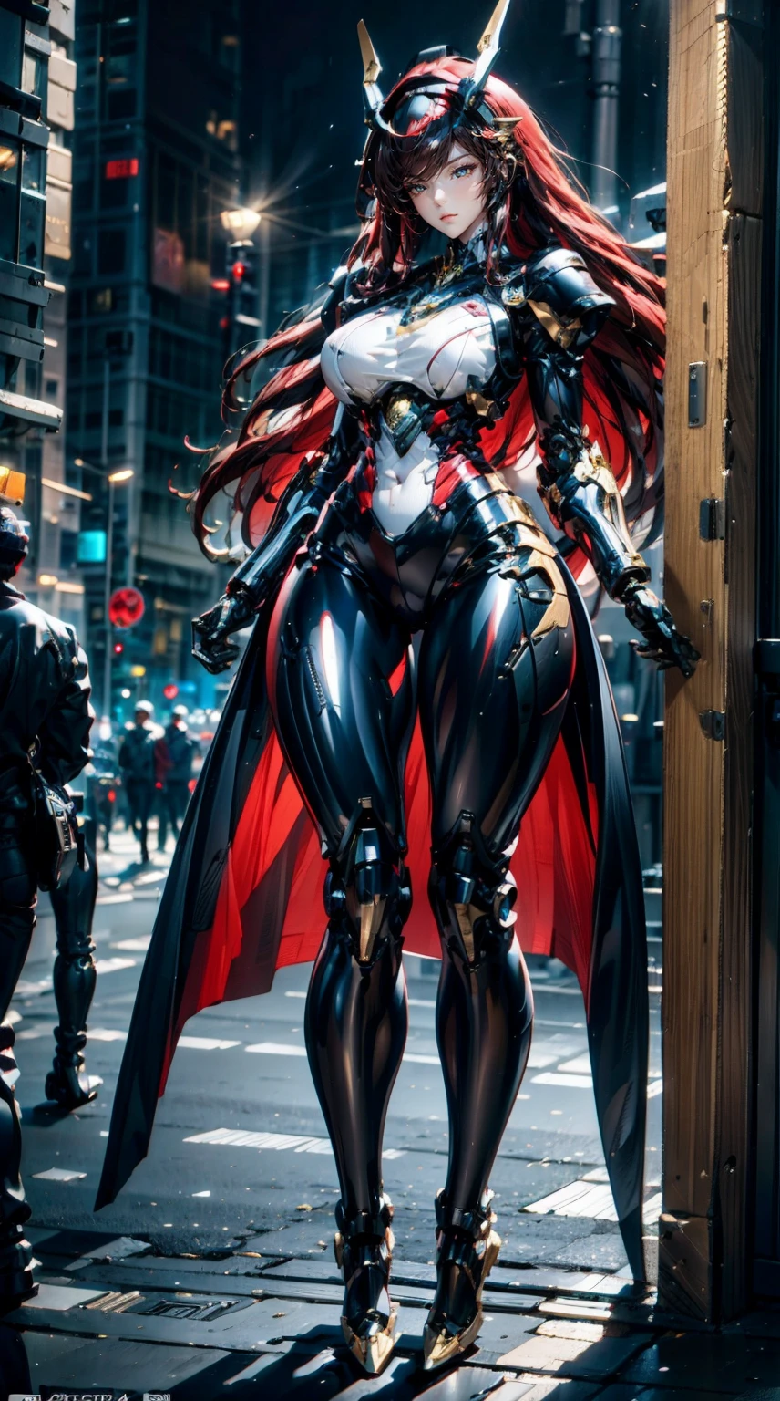 Best quality at best, tmasterpiece, A high resolution,(Beautiful mechanical girl:1.6),Black mechanical body,Black robotic arm,Black mechanical legs,Mechanization of the whole body,machine girl,well-proportioned body,redheadwear,hair to shoulder,gold eyes,mature,Raised sexy,ellegance,Just the right lighting,urban backdrop,the night,beautifully lit,Use characters as the main subject of the painting,8k