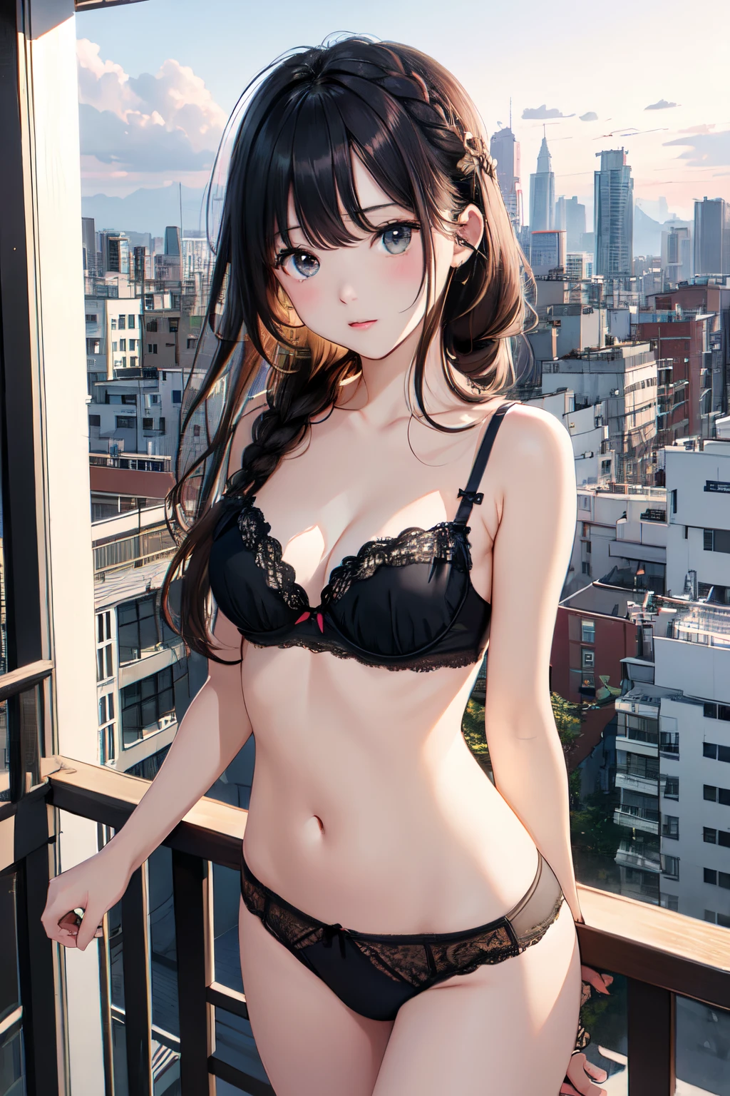 lighting like a movie、top-quality、1girl in、Wearing frilly bra and panties、braid hair、balconies、Against the backdrop of the cityscape、