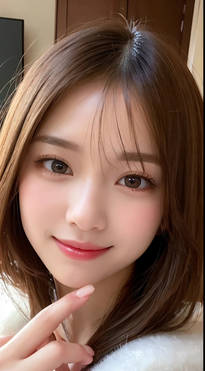 masutepiece, Best Quality, Illustration, Ultra-detailed, finely detail, hight resolution, 8K Wallpaper, Perfect dynamic composition, Beautiful detailed eyes, white fluffy winter clothes,Medium Hair,small tits,Natural Color Lip, Bold sexy poses,Smile,mansion(a room,Bet)、20 years girl、Cute、Sexy shot looking at camera,perfect and beautiful face and fingers,Take close-up photos of your face,Take only the face
