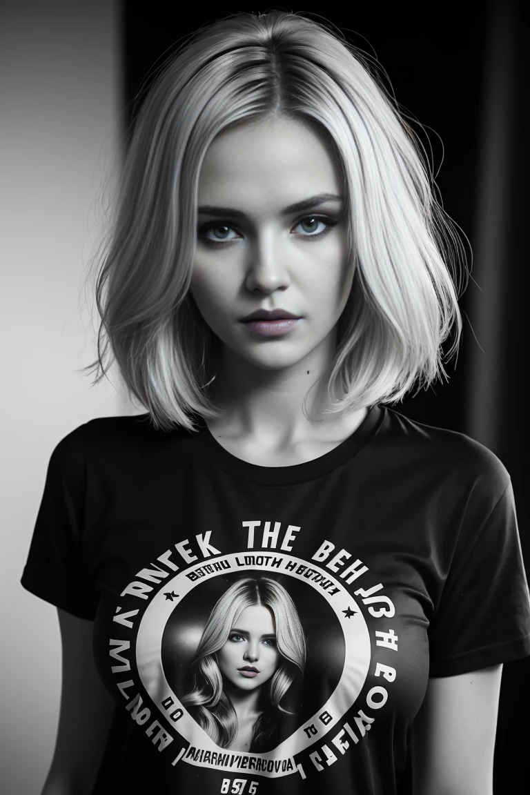 ((Nataliia Udovenko)), slender athletic body, big breasts, (blonde hair with dark roots), (bob hairstyle), (high detail skin texture), (high detail face), ((masterpiece)), ((best quality)), ((high detail)), (tight t-shirt), rim lighting, cinematic lighting, RAW photograph, various poses, Carl Zeiss 85mm F/1.4, by Ellen Von Unwerth, looking at the camera