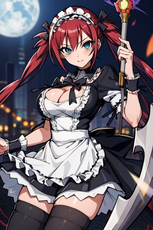 masutepiece, Best Quality, Airlib 4, 1girl in, Solo, thighs thighs thighs thighs, black thighhighs, Apron, zettai ryouiki, maid, Maid headdress, large Scythe, cleavage, Wrist cuffs