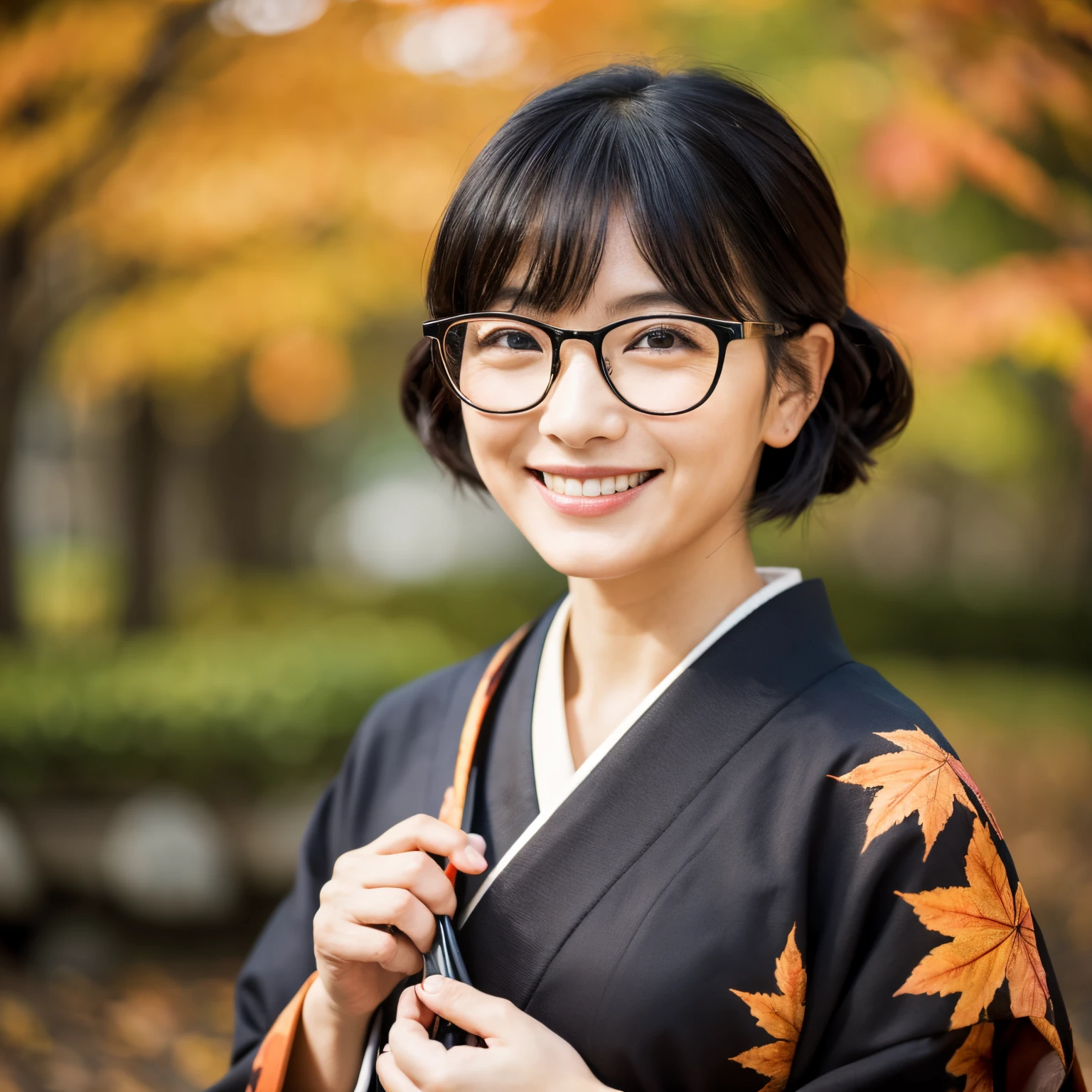 Female in her 40s、A Japanese Lady、 Glasses Black hair Straight Autumn leaves Kimono (a smile:1.5) Masterpiece 8k