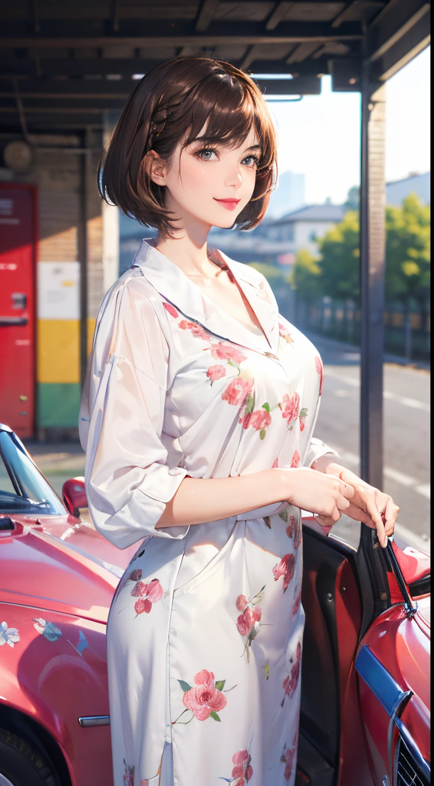 127
(a 20 yo woman,is standing), (A hyper-realistic), (high-level image quality), ((beautiful hairstyle 46)), ((short-hair:1.46)), (Gentle smile), (breasted:1.1), (lipsticks), (florals), (Large garage), (Depth of field is deep), (classic car)