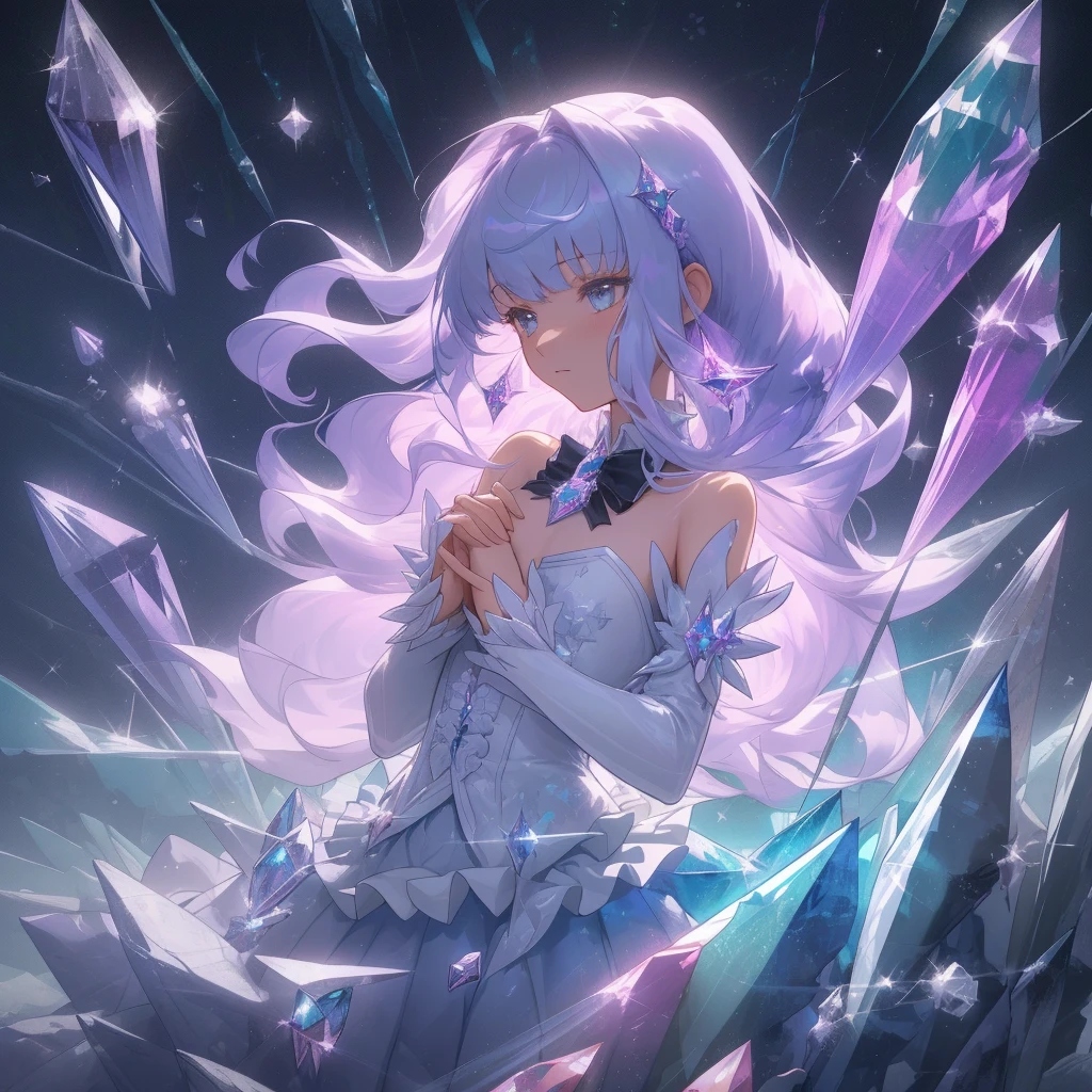 (((crystals texture Hair))),{{{{{extremely detailed CG}}}}},{{8k_wallpaper}},{{{{Crystalline purple gemstone gloves}}}},((beautiful detailed Glass hair)),((Glass shaped texture hand)),((Crystallize texture body)),Gem body,Hands as clear as jewels,Crystallization of clothes,((crystals texture skin)),sparkle, lens flare, light leaks, Broken glass,{{{{Detailed Glass shaped clothes}}}}, ((masterpiece)), (((best quality))), ((ultra-detailed)), ((illustration)), ((disheveled hair)), ((frills)), (1 girl), (solo), dynamic angle, big top sleeves, floating, beautiful detailed gemstone sky, gemstone sea, beautiful detailed eyes, overexposure, side blunt bangs, hairs between eyes, ribbons, bowties, buttons, bare shoulders, (((small breast))), pleated skirt, crystals texture flowers, ((Detailed crystallized clothing)),(gemstone of body),solo focus,hands together/own hands together,a moon,Epal look
