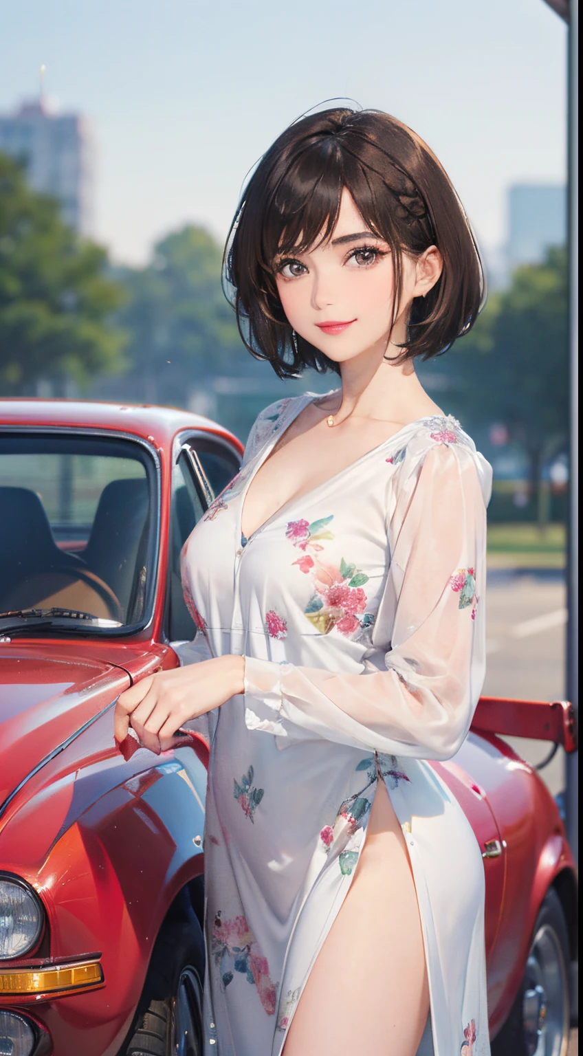 127
(a 20 yo woman,is standing), (A hyper-realistic), (high-level image quality), ((beautiful hairstyle 46)), ((short-hair:1.46)), (Gentle smile), (breasted:1.1), (lipsticks), (florals), (Large garage), (Depth of field is deep), (classic car)