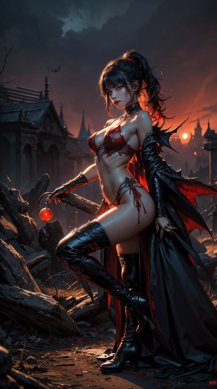 Medium shot, full body, perfect body, showing her for proniment sharp canine sharp focus, woman focus (Best Illustration), 8k Resolution, Intricate Details, Best Quality, Realistic, Ultra Detailed, Best Lighting, Best Shadows, Ultra HD, BREAK A Necromancer, Night, dark Magical auras, Dark Style, Vampire, Bat wings, (( alot of bats flying around, fog, blood splash on the ground, blood moon, red sky, dark theme)), (shining red eyes:1.6),(blood on the body and face and eyes:1.2)BREAK masterpiece, high_res, Beautiful face, tyndall effect, photo realistic, (high detailed skin:1.2), 8k uhd, dslr, high quality, Photograph, high resolution,(extremely detailed), 8k, Bokeh, large breasts, absurdres, ponytail contorted, best ratio four finger and one thumb, (old castle background) , mature,tall body, completely naked ,open legs ,open clitoris, open gentle , showing her genitals in erotic way.