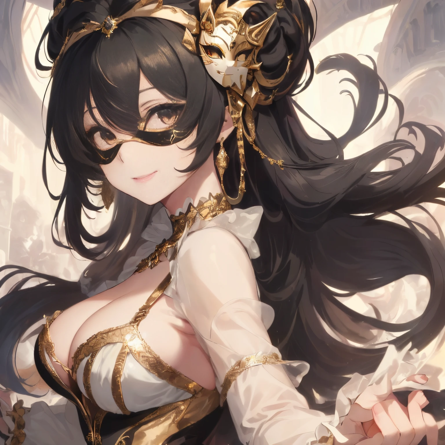 ((Gold and black hair)),(Super long hair with curls),((She is wearing a mask like one would wear at a masquerade ball..)),((Mask to cover the eyes)),((Show off your body line beautifully with a tight dress、One-piece dress with a flowing silhouette,white, silver, gold and black dress)),(double flare sleeves),((corsets)),((The hem of the dress is long enough to reach the ground.)),(A chaotic worldview mixed with black, Gold and Silver),(Tartarus),(Hellish world),((abyss)),((Have the hem of the dress、please accept me as a nobleman'Daughter of..)),((smiling with a fearless face)),(NSFW),((The hem of the dress sways as if dancing.)),(Back close-up),(dance while looking back),