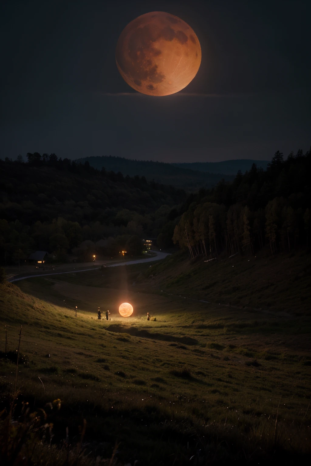 A huge red blood moon rises over the night wilderness。wilderness is meadow,On the far left is a library。