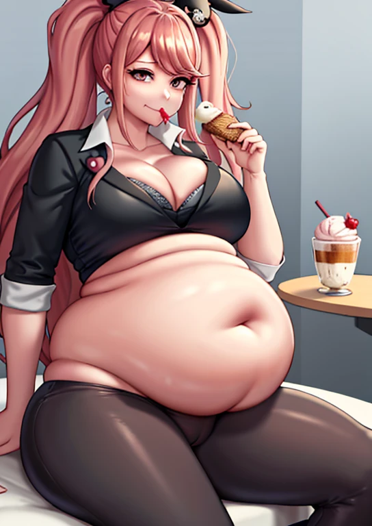 big belly, sitting, pregnant, fat, large stomach, fatty, fat, large belly, standing, fat belly, very fat, large stomach, chubby,very fat, safe for work, obese, giant belly, fat, huge, heavy, very fat, safe for work, fat, large belly, big belly, very fat, large stomach, chubby (best quality, masterpiece), Junko Enoshima, eating ice cream