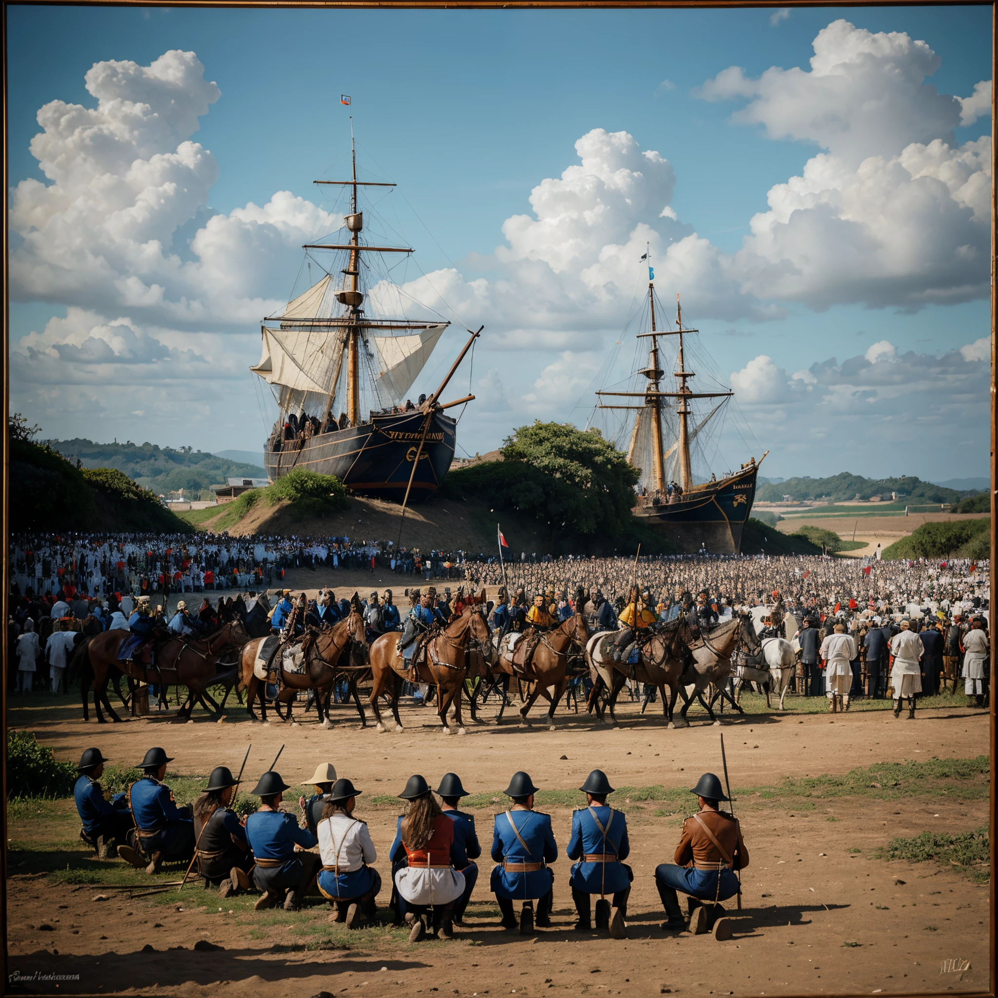 a painting, in the style of Frans Janszoon Post, that recreates the Battle of Monte das Tabocas, which took place in Vitória de Santo Antão, Pernambuco, on August 3, 1645. The battle was a clash between Dutch and Potuguese troops in the Luso-Dutch War in the 17th century