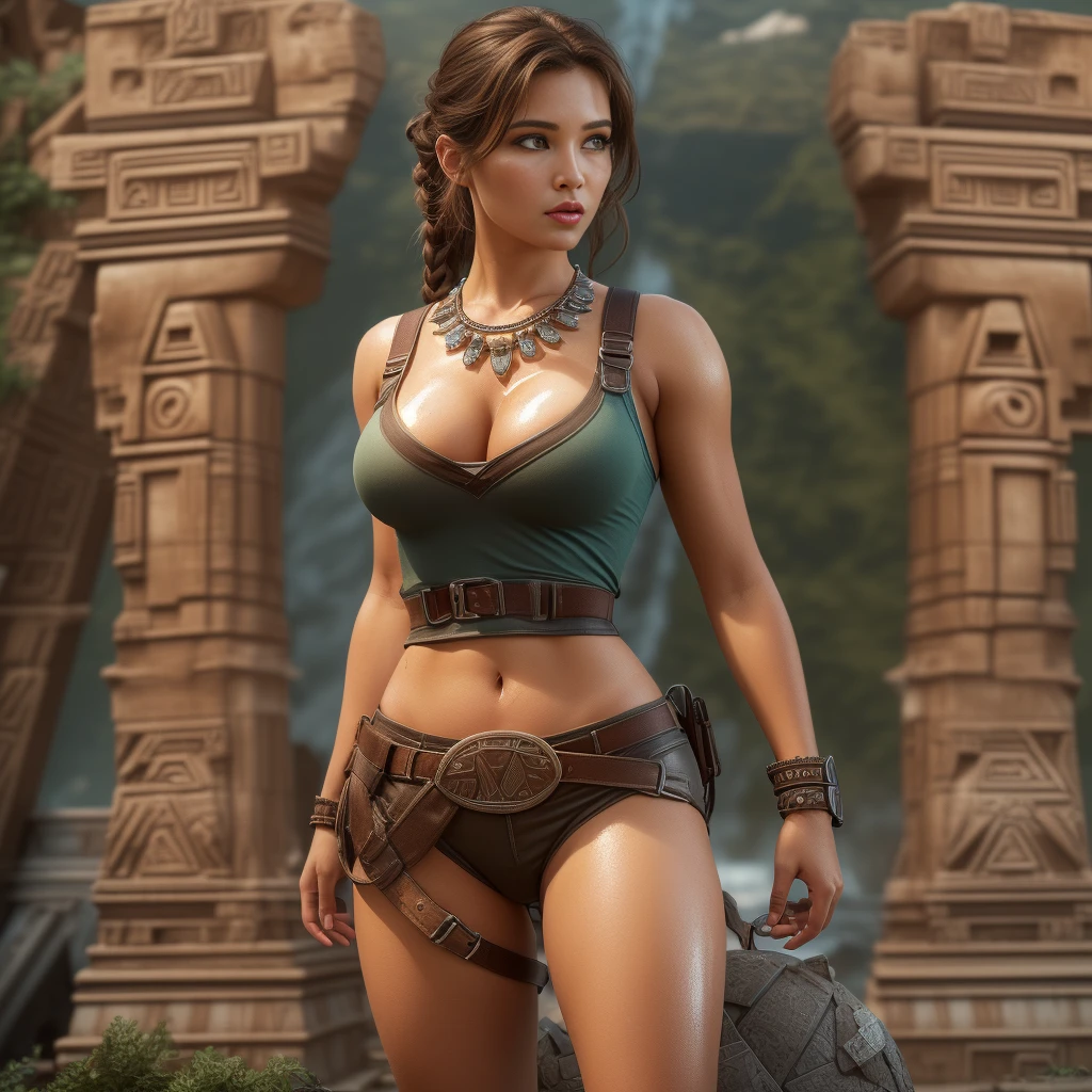 8K ultra-realistic, high resolution masterpiece , highly detailed artwork , depicting a stunningly busty beautiful and alluring young Lara Croft in her signature attire , sexy kaki shorts and a blue crop top with a deep neckline , hiking boots, thigh gun holsters, . Long brown hair with a ponytail, ((((sensual and beautiful detailed glossy lips, extremely detailed and realistic bright green eyes and a extremely beautiful angelic face, lifelike skin tones ))))), (((really huge bouncing breasts))) ((( partially exposed breasts 1.6)))with an (((Amazing tiny sportive body with small waist and big nice round butt ))). ((((She exuding a sexy appeal set against the backdrop of an Aztec pyramid in the background , with highly detailed surroundings, and light reflections to elevate the realism . Ensure intricate ultra realistic skin details,))) (HDR lighting, and ray tracing effects,) striving for an art piece reminiscent of a renowned artist's style, aiming for maximum visual allure and lifelike realism.,(realistic,photorealistic,photo-realistic:1.37),HDR ,UHD, studio lighting, ultra-fine painting, sharp focus,physically-based rendering, ,vivid colors. Full body view