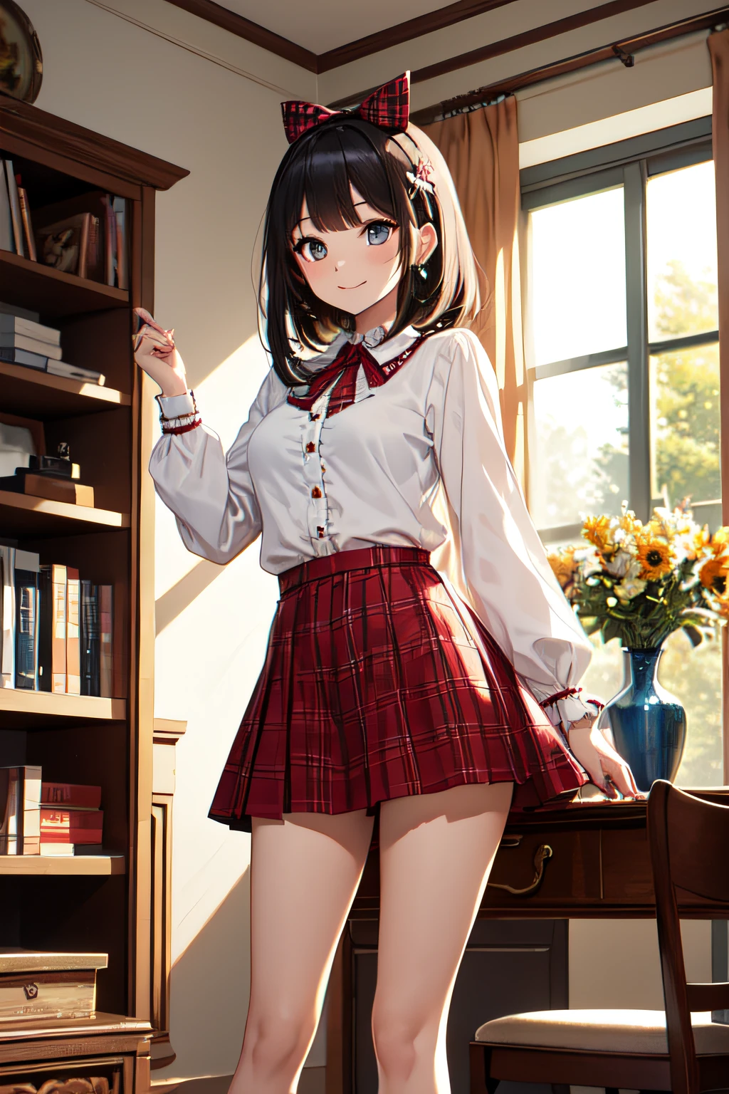 Very cute and beautiful girl,(very detailed beautiful face and eyes:1.2),Smile,(mid-shot:1.15),
(white blouse with small frills),Long sleeve BREAK detail leg,zettai ryouiki,
Standing,stylish pose,
Dynamic Angle,Hair Ribbon,Black hair,hime-cut,(scarlet plaid miniskirt)
 Rest Living Room,flowers in a vase,Wooden Desk,(bookshelf:0.9),Jewelry box,european carpet,Distant trees々,
(Best Quality,masutepiece:1.2),(Intricate details),hight resolution,1 girl,Solo,Cinematic scene,