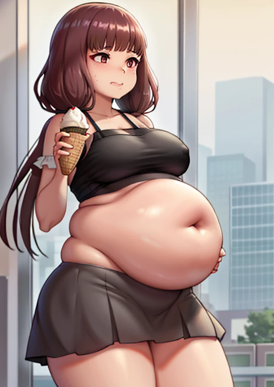 Miko Iino, fat, large belly, chubby, overweight, twin tails, holding ice cream