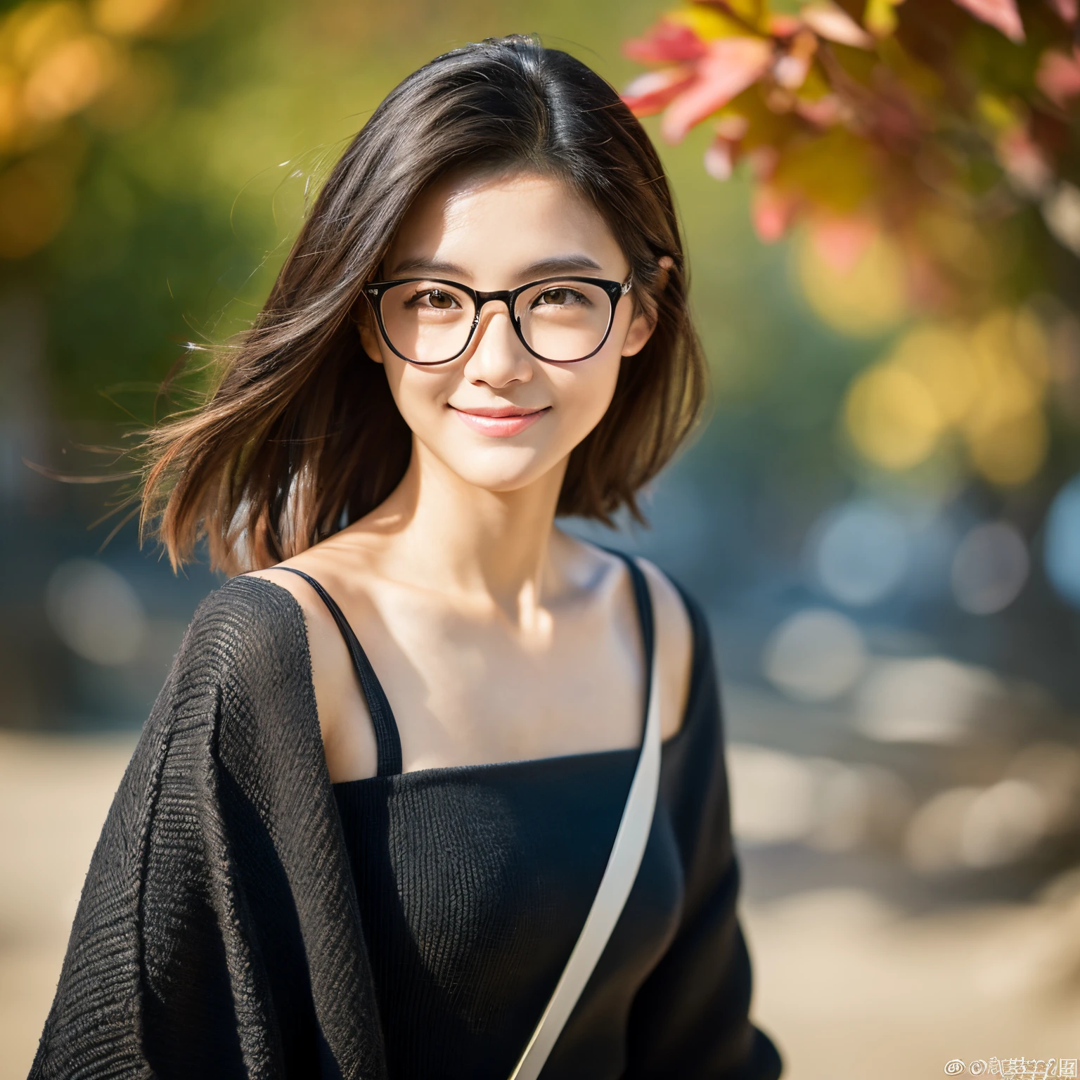 (8K、Raw photography、top-quality、masterpiece:1.2)、(realisitic、Photorealsitic:1.37)、ultra-detailliert、超A high resolution、Japan people in their 40s、1人、straight、see the beholder、beautifull detailed face、A smile、Constriction、(Slim waist) :1.3)、Autumn clothes、Beautiful detailed skin、Skin Texture、Floating hair、Professional Lighting、Beach、Black square glasses 、Whole human body、Black hair