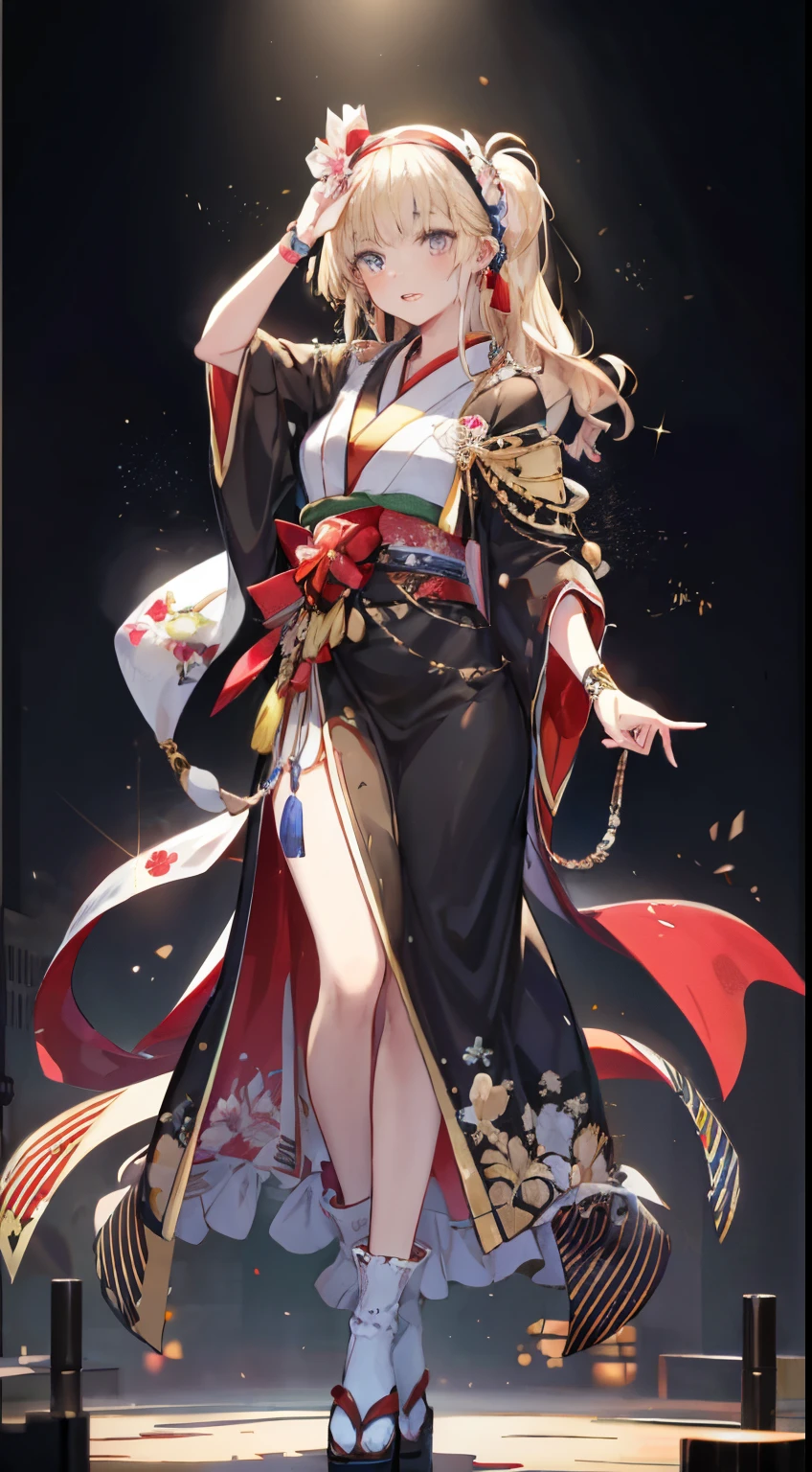 (Complete head：1.9)，meticulous portrayal of face，1 noblewoman，a matural female，Black dress long dress，Pink White Long Hair，(Prom background)，  s the perfect face， perfect hand， Perfect Finger， Perfect lips， perfect  eyes， Perfect background，flatchest，Poor milk，，headband，Long blonde hair，Loose hair，Wearing a hairband and a scrunchie on the head，Long hair and waist，Makoto Rima，medium shot full body portrait，Japanese girl idol performs in gorgeous costumes，Dazzling stage lighting background，Microphone in hand，flatchest，Poor milk，flatchest，Poor milk，，headband，Long blonde hair，Loose hair，Wearing a hairband and a scrunchie on the head，Long hair and waist，Makoto Rima，Medium shot full body dancing portrait，Japanese girl idol performs in gorgeous costumes，Dazzling stage lighting background，Microphone in hand，flatchest，Poor milk，