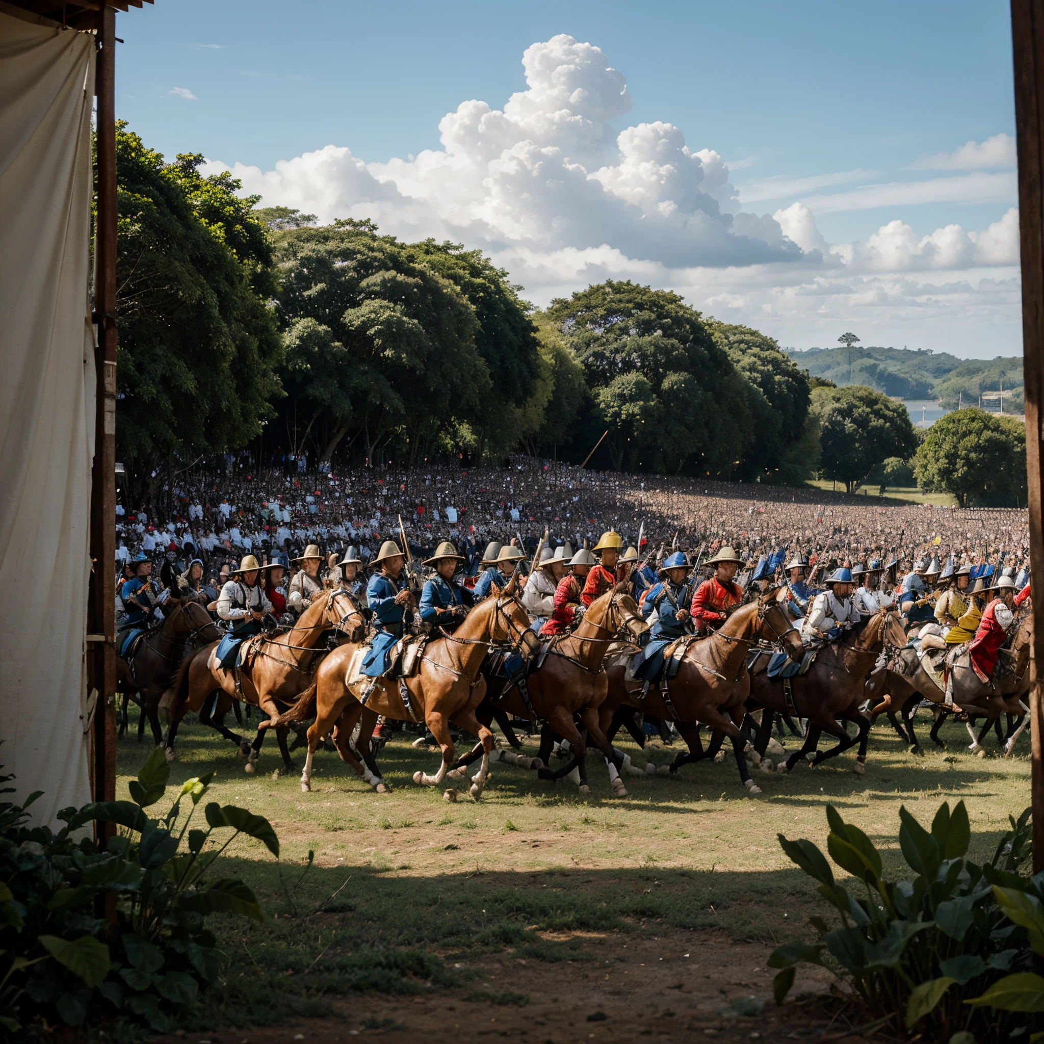 a painting, in the style of Frans Janszoon Post, that recreates the Battle of Monte das Tabocas, which took place in Vitória de Santo Antão, Pernambuco, on August 3, 1645. The battle was a clash between Dutch and Potuguese troops in the Luso-Dutch War in the 17th century