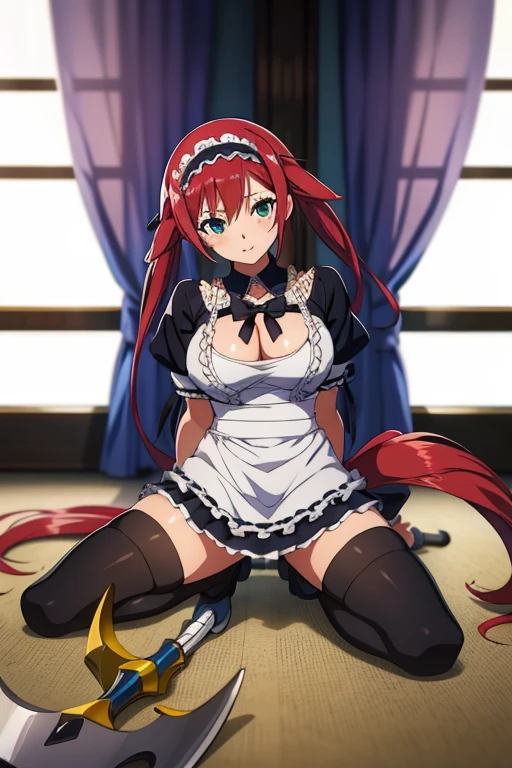 masutepiece, Best Quality, Airlib 4, 1girl in, Solo, thighs thighs thighs thighs, black thighhighs, Apron, zettai ryouiki, maid, Maid headdress, large Scythe, cleavage, Wrist cuffs,(Straddling a triangular horse:1.4)