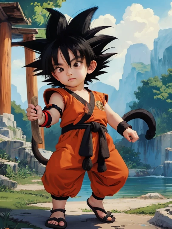 best quality, masterpiece, highres, detailed, digital illustration, KidGoku, black hair, spiked hair, monkey tail, wristband, dougi, male child, outdoors,