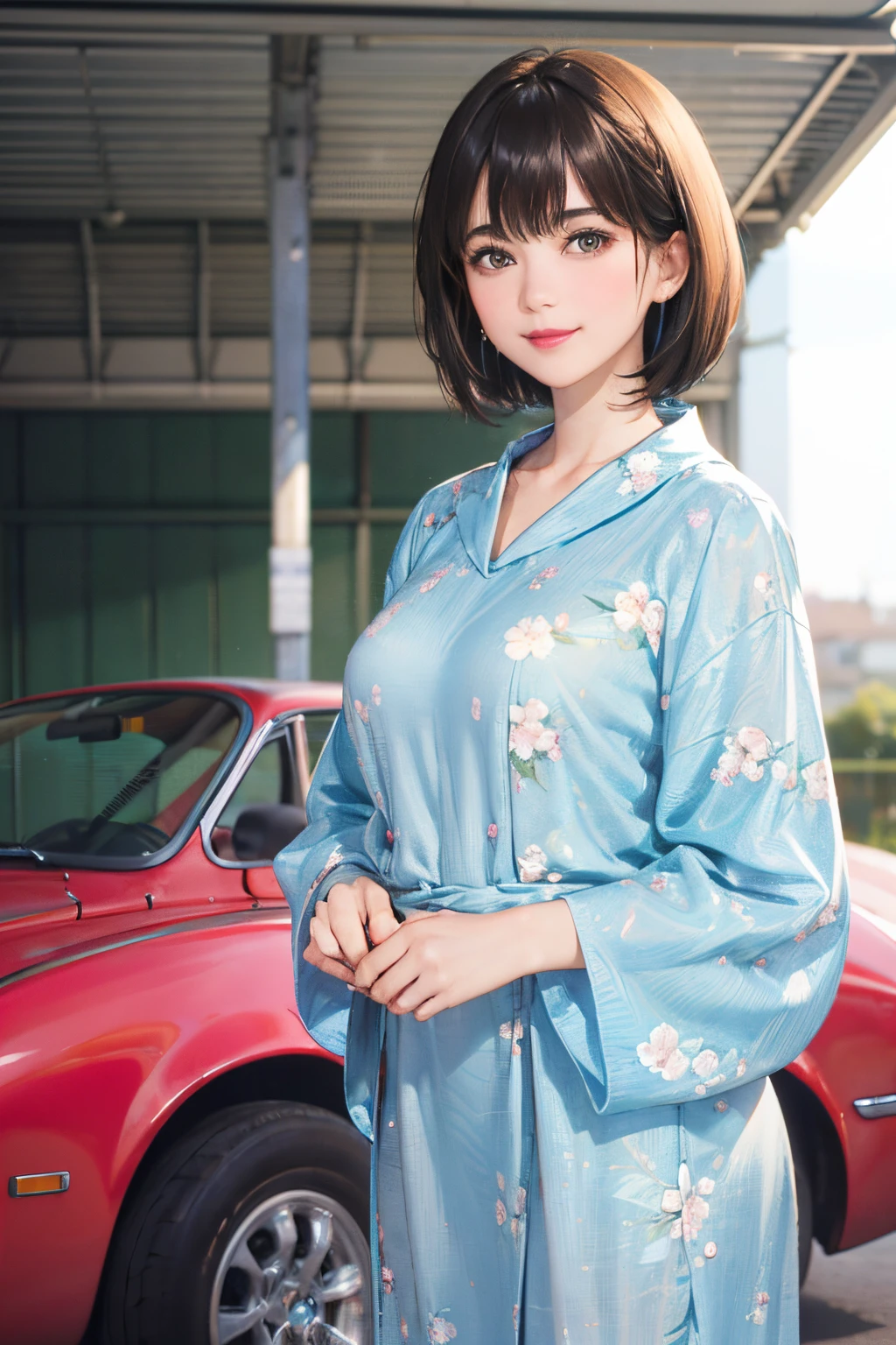 127
(a 20 yo woman,is standing), (A hyper-realistic), (high-level image quality), ((beautiful hairstyle 46)), ((short-hair:1.46)), (Gentle smile), (breasted:1.1), (lipsticks), (florals), (Large garage), (Depth of field is deep), (classic car)