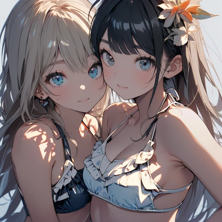 ((masterpiece、top-quality:1.5、a high chroma:1.5、ultra-detailliert、high-resolution illustrations:1.5、Ultra-high-definition CG、8k size wallpaper、offcial art))、((2girls、twin sisters)),(yuri),(cute face:1.5)、(clear face:1.3),(Shining eyes:1.5)
((black-only color scheme highleg swimsuit:1.5)), ((white-only color scheme frilled bikini:1.5)),(sexy body),(One is only black and the other is only white:1.5),(),(), ((medium breasts))、
,(Background is bright colors, summer beach)、midjourney