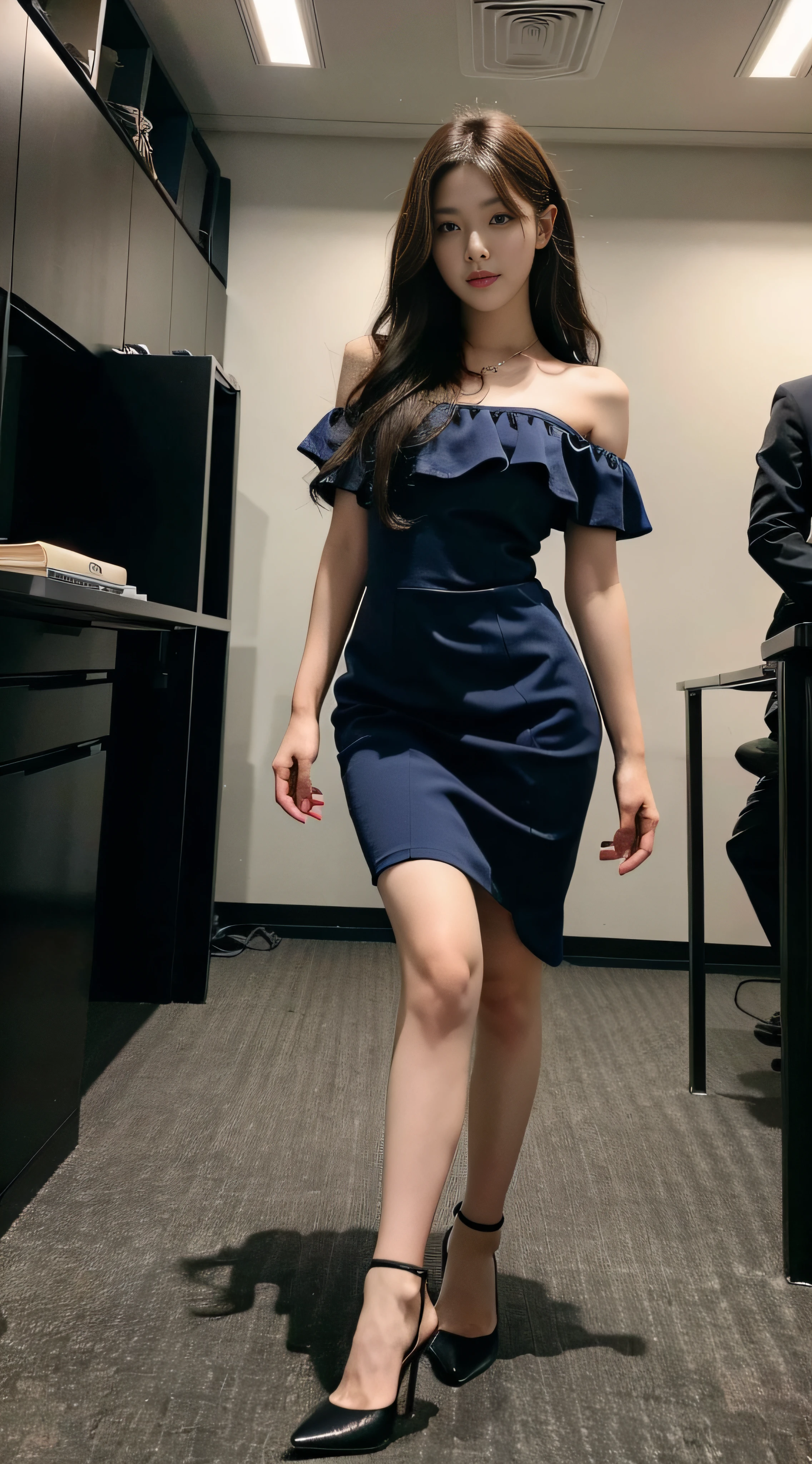 （8K，Best quality，tmasterpiece：1.2），（Photo Reality：1.4），（RAW photogr）,(Ray traching),Perfect details，1个Giant Breast Girl，Korean female model，Alone，Melon seed face，Wavy curly hair，Pure desire，Raised sexy，secretary，Wearing a sky blue one-shoulder lace hip-wrapped dress，Wear black high heels，Wearing black 10d pantyhose，Office room，meeting room，are standing，Dignified，Full body photo
