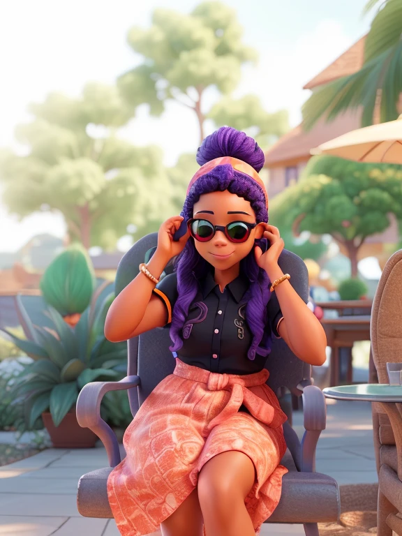 there is a woman sitting in a chair with a purple head wrap, no watermarks, on a bright day, photo of a black woman, portrait mode photo, in the sun, on a sunny day, bright colors with red hues, having fun. vibrant, wearing shades, vibrant hues, sparkling in the sunlight, vacation photo, looking heckin cool and stylish 3d image