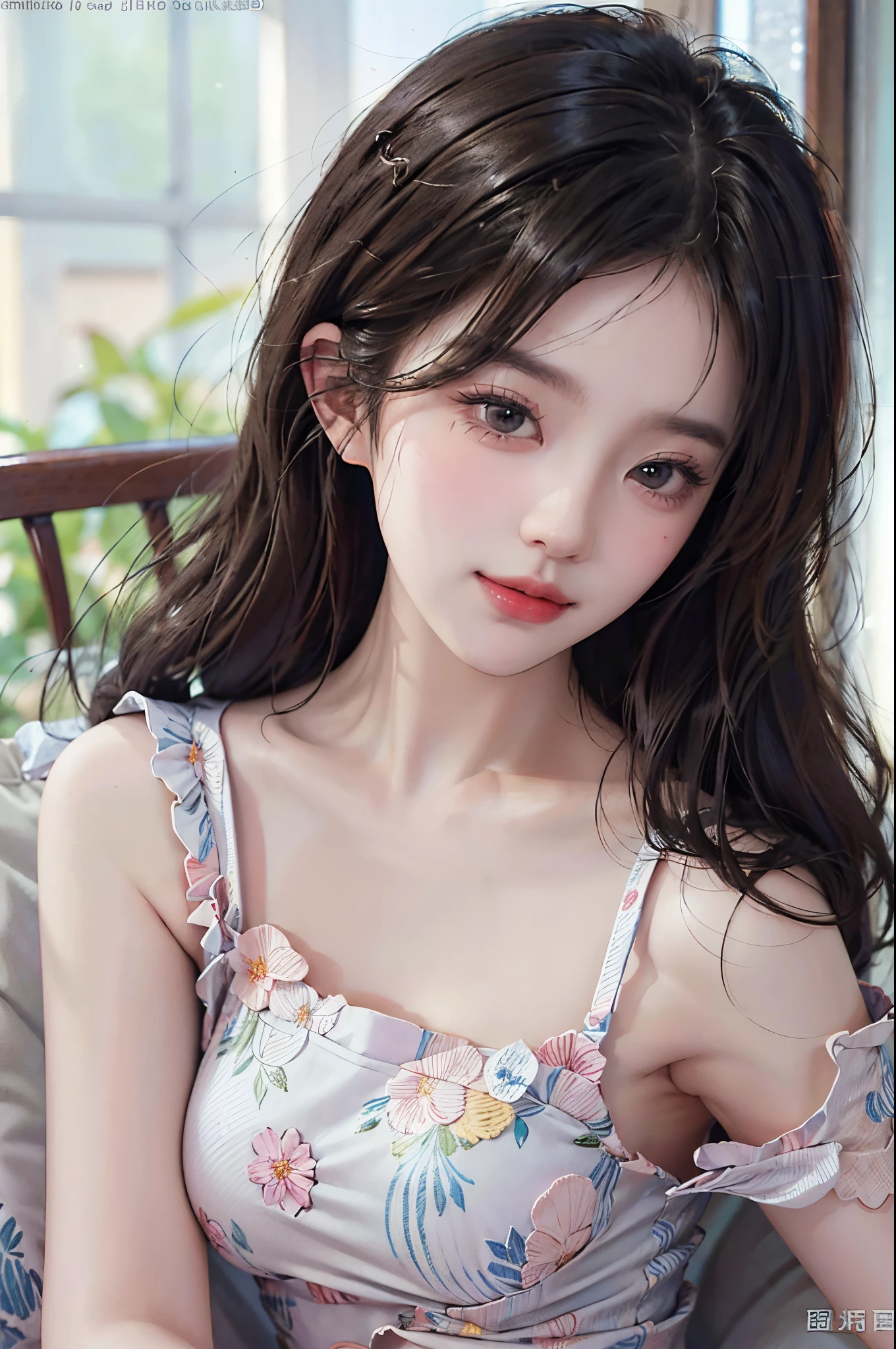 Sweet girl clothes6,print dress,fashi-girl, liuyifei,tmasterpiece,Best quality at best,offcial art,extremely detaild的 CG unified 8k wallpapers, (HighDynamicRange:1.4), (Cinematic), (pastel colour, dull colors, Soothing tone:1.3), (Natural skin texture, Hyper-realism, softlighting, Sharp),(The is very detailed), profesional lighting, Radio City,((1个Giant Breast Girl，20yr old)), inside bedroom， cold light，Best quality at best, A lot of detail, tmasterpiece, ultra - detailed, illustratio, Extremely delicate and beautiful girl, 美丽细致的眼睛,8K_Wallpapers,Beautiful Meticulous Girl, looking at viewert, messy  hair, Large breasts, ((focus on chest)),Recline on the sofa，ssmile，Sweet smile