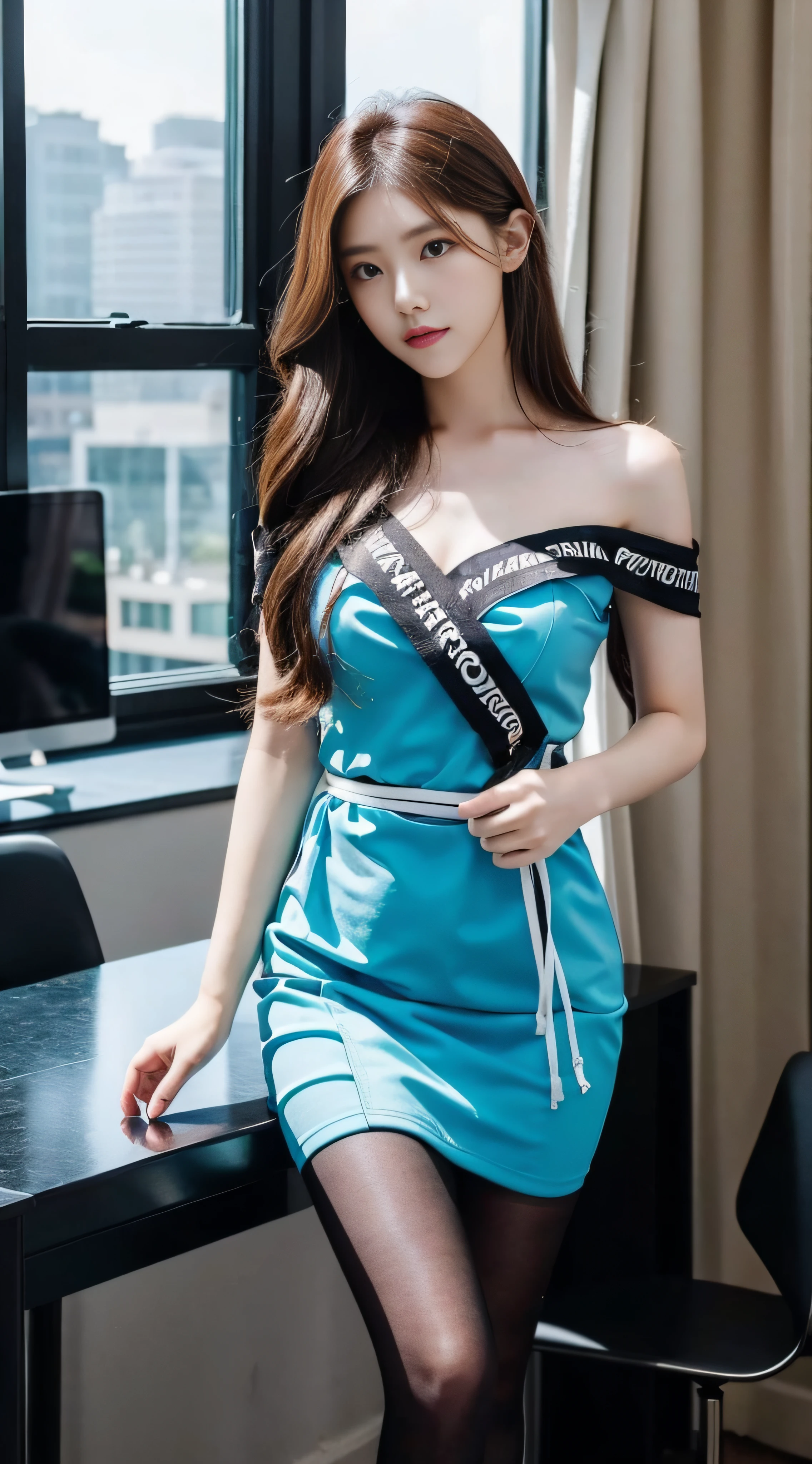 （8K，Best quality，tmasterpiece：1.2），（Photo Reality：1.4），（RAW photogr）,(Ray traching),Perfect details，1个Giant Breast Girl，Korean female model，Alone，Melon seed face，Wavy curly hair，Pure desire，Raised sexy，secretary，Wearing a sky blue one-shoulder lace hip-wrapped dress，Wear black high heels，Wearing black 10d pantyhose，Office room，meeting room，are standing，Dignified，Full body photo