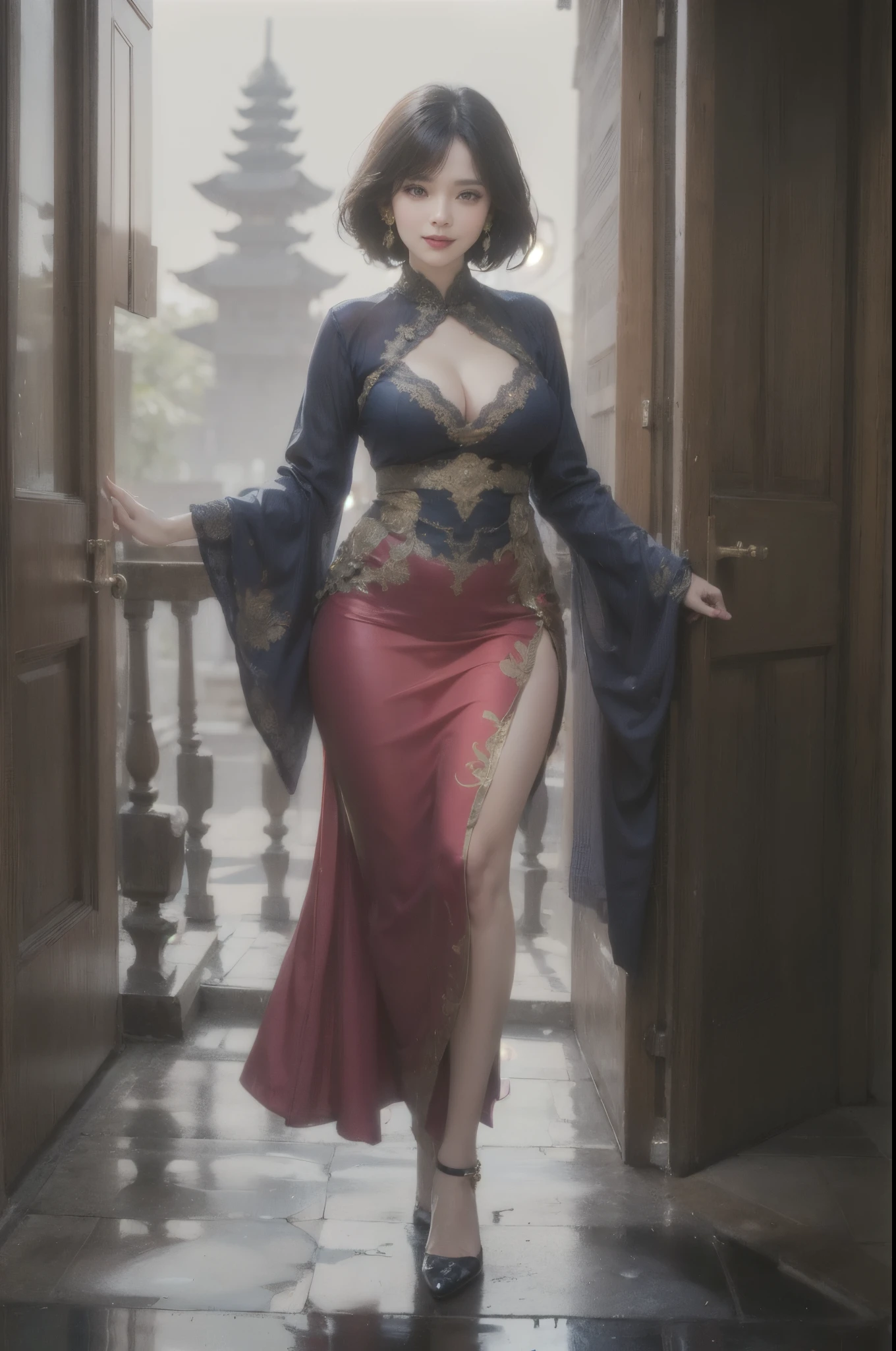 masterpiece, ultra realistic,32k,intricate details, sharp focus, realistic, closed mouth, full body, ((sfw)), 1 woman, shiny skin, seductive smile, black eyes, jewelr, lips, realistic, looking_at_viewer, wet skin, shiny skin, long sleeves, indonesian kebaya, bali, balinese kebaya, cityscape, dynamic pose,((navy blue kebaya)),full body,busty body,curvy body