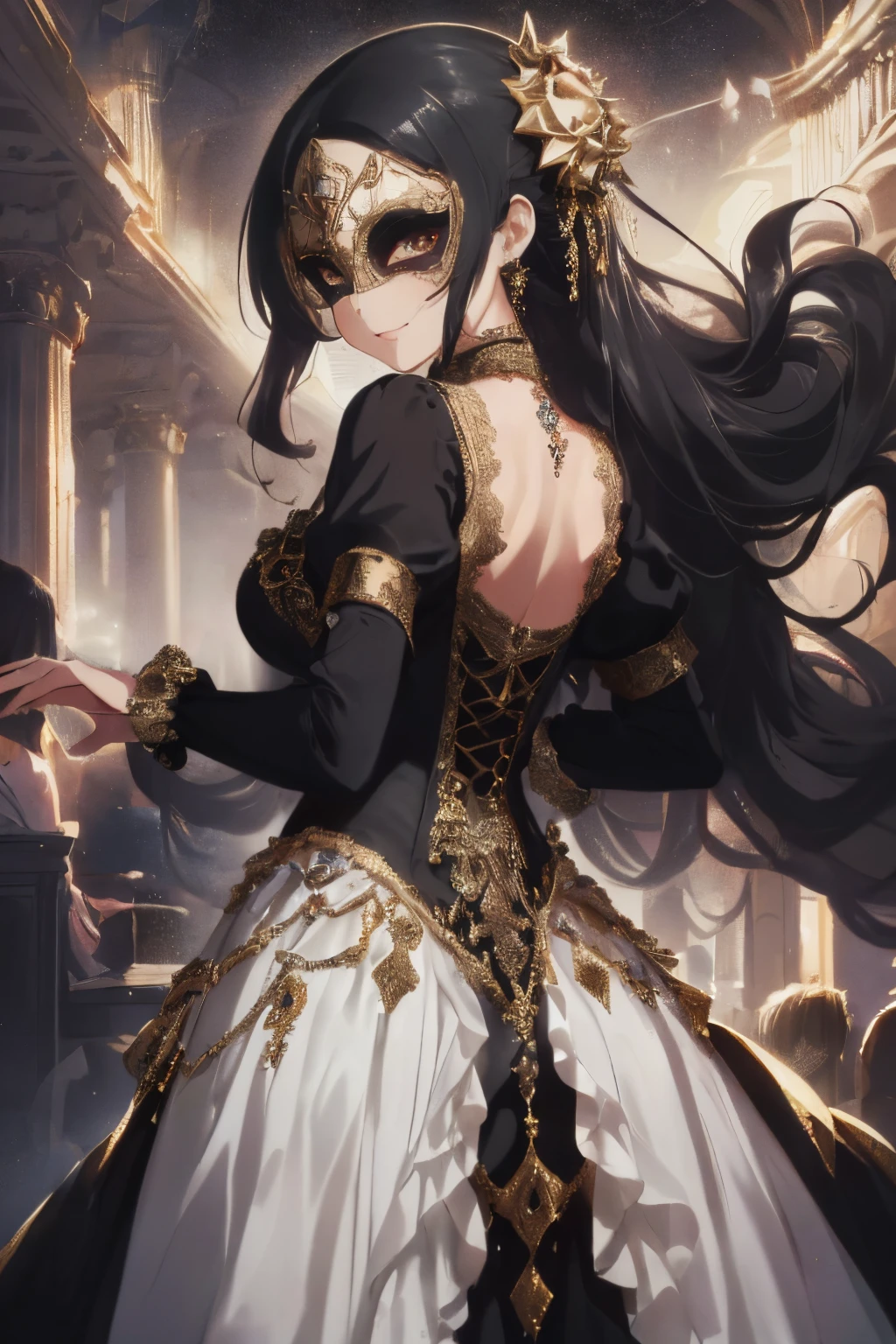 ((Gold and black hair)),(super long hair with curls),((She is wearing a mask like one would wear at a masquerade ball.....)),((Mask to cover the eyes)),((Show off your body line beautifully with a tight dress、One-piece dress with a flowing silhouette,white, Silver, Gold and black dress)),(double flare sleeves),((corsets)),((The hem of the dress is long enough to reach the ground.)),(A chaotic worldview mixed with black, Gold and Silver),(Tartarus),(Hellish world),((abyss)),((Have the hem of the dress、please accept me as a nobleman'Daughter of..)),((smile with a fearless face)),(NSFW),((The hem of the dress sways as if dancing....)),(Back close-up),(dance while looking back),