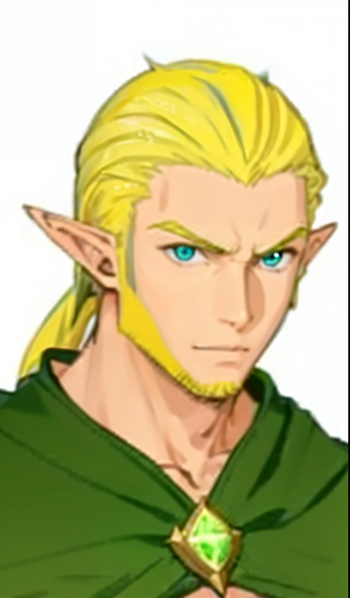 Anime blonde hair with green eyes and sharp ear man,
