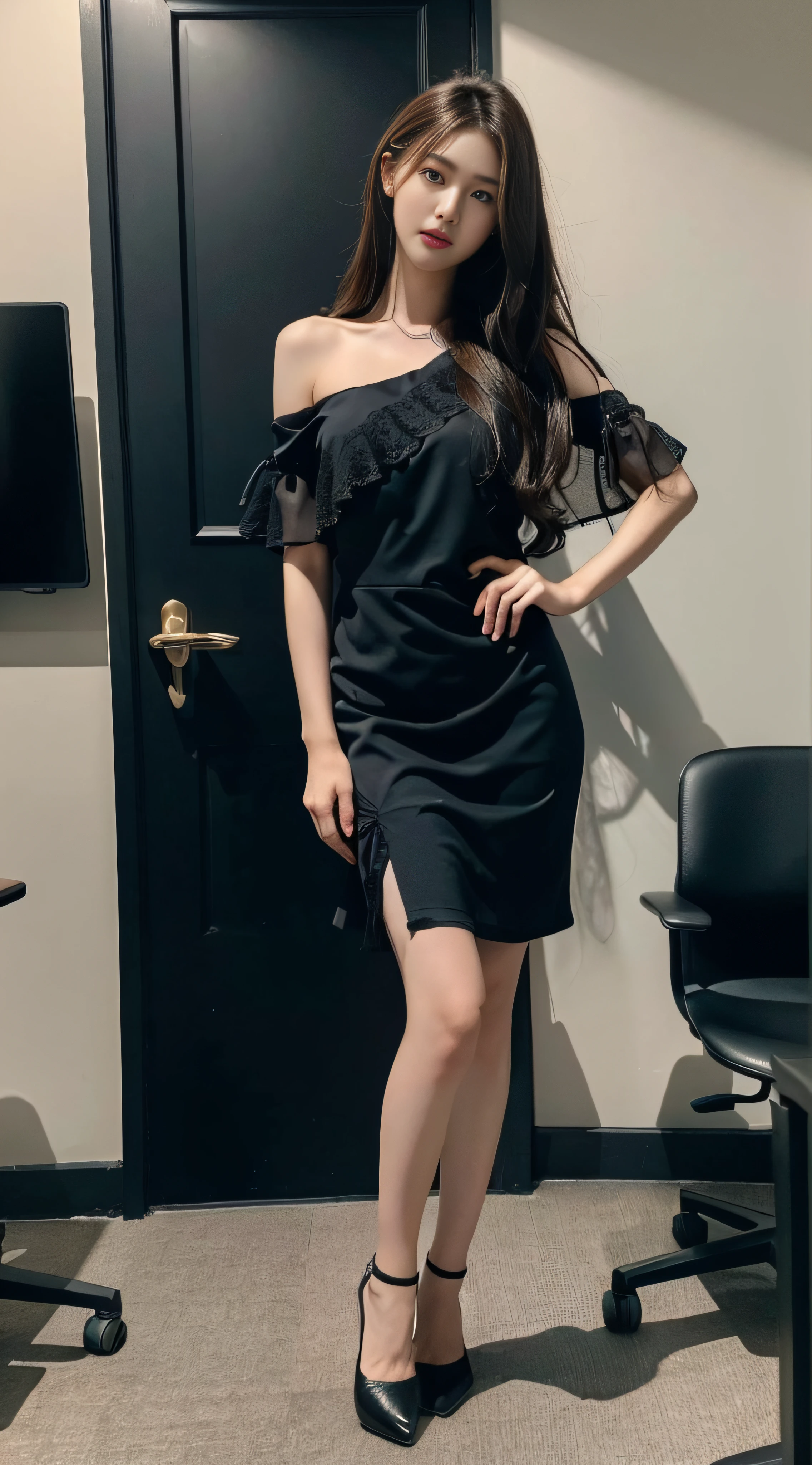 A girl of about 27 years old,simplicity,Extremely beautiful and delicate,(light make-up),Black color hair,A sweet smile,Delicate and beautiful fair skin,Realistic and realistic,exquisite and complete facial features,Detailed depiction of the face,tall nose bridge,Red lips,Beautiful, gentle and beautiful girl,Smooth hair,extremely detail hair,Feminine temperament,Fill your face light,hyper realisitc,photorealestic,8K quality,extremy detailed,Realistic details,Works of masters,Realistic to the extreme,big breasts body,Beautiful,Pure desire,Stunning beauty,Peerless beauty,Highest image quality,8K分辨率,goddes,ssmile,Fine facial features,Hair over the shoulder,A brown-haired,Large long thick legs,(((High-waisted French top))),(((short skirt))),rays of sunshine,facing at camera,The body is well-proportioned and firm,Gentle eyes,Exposing thighs,stand posture,Stand inside the mall,Full body photo