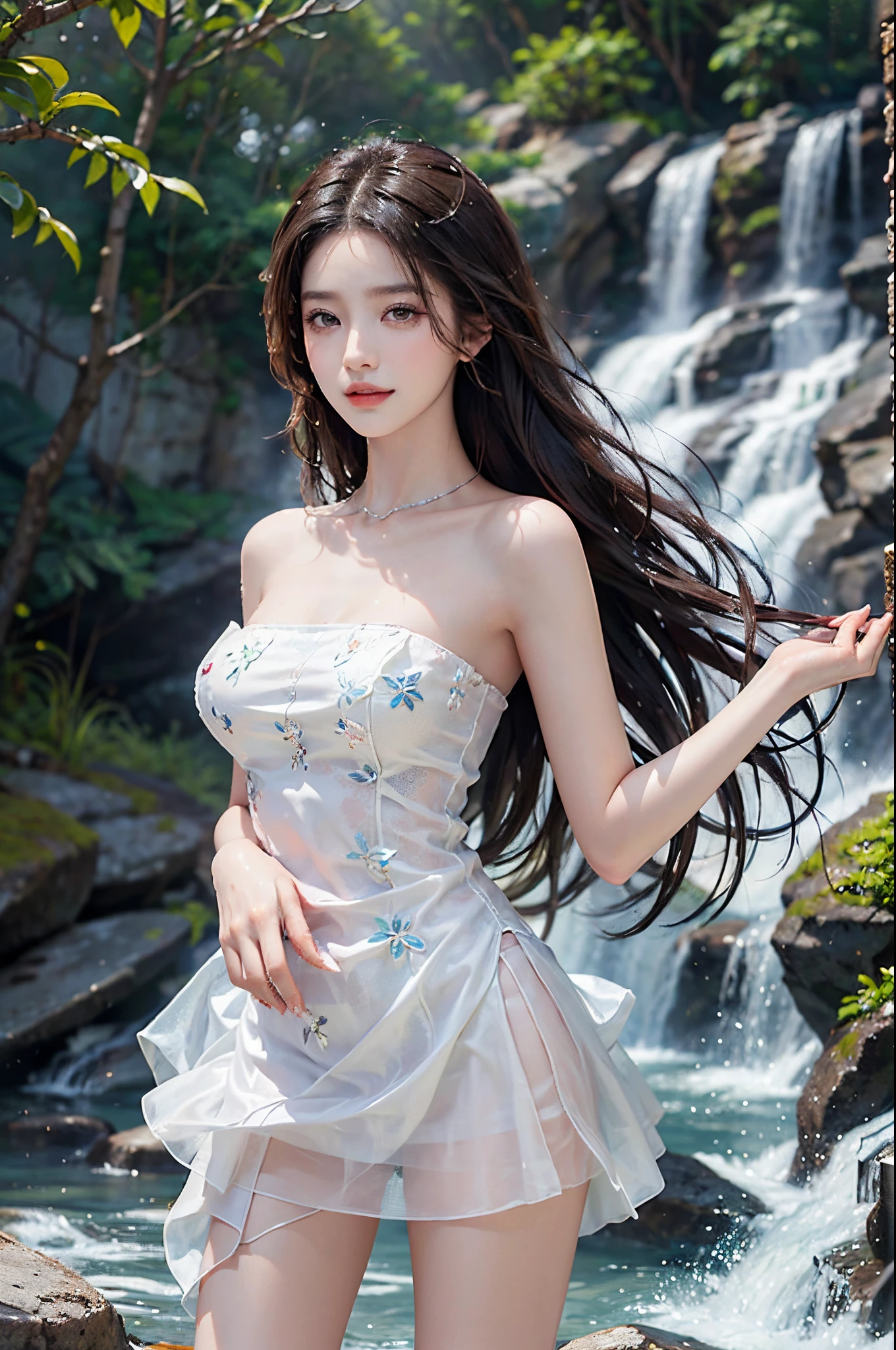 Sweet girl clothes4,strapless dress,jewelry,fashi-girl, liuyifei, ((cowboy shot)), (best quality, masterpiece:1.2), ultra-detailed, (realistic:1.37), beautiful, youthful, glamorous model with (detailed eyes, detailed lips, extremely detailed eyes), with white and floral colors, showcasing a radiant smile, slender figure, long legs, creating a breathtaking depiction of a girl enjoying the water,  realistic waterfalls, wet clothes and hair,  radiant sunlight,  lush greenery, refreshing mist, Elegant pose, random pose, random Angle of view, Getting wet under a waterfall, The waterfall fell on her