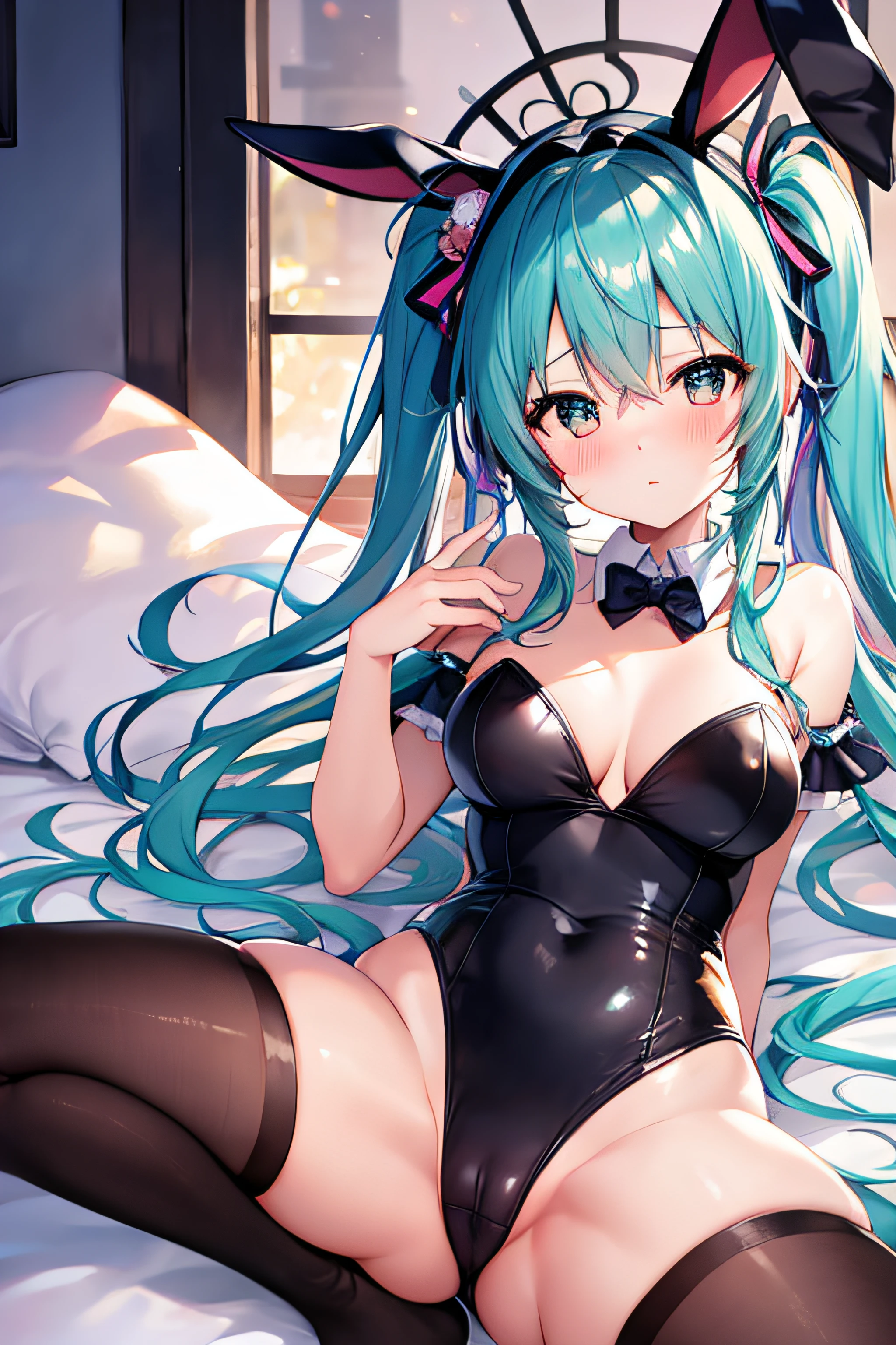 masterpiece、Top image quality、超A high resolution、miku hatsune、blue hairs、Twin-tailed、Blushing、Cute and shy、Bunny Girl Costume、Wearing a rabbit ear headgear、firm breasts、well-shaped breasts、spread your legs wide、M-shaped spread legs、Women's Tights、Lying face down in bed、Bedroom、Night