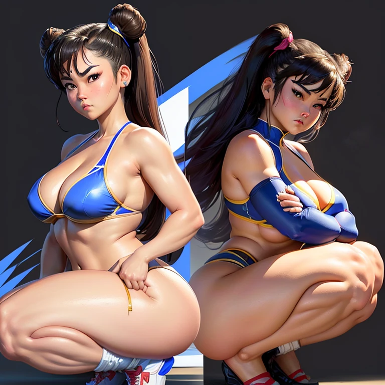 Chun li, Thick thighs, big butt, squatting, looking at viewer, sad eyebrows, Sad eyes, Frown, blushing, High leg Bikini, puffy vagina, Pixel art, voluptuous pixel animation