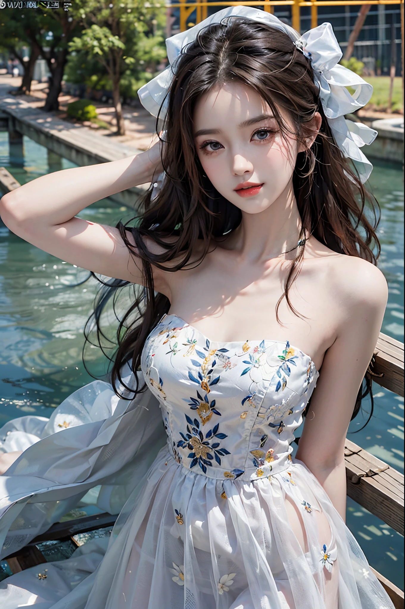 Sweet girl clothes4,strapless dress,jewelry,fashi-girl, liuyifei, ((cowboy shot)), (best quality, masterpiece:1.2), ultra-detailed, (realistic:1.37), beautiful, youthful, glamorous model with (detailed eyes, detailed lips, extremely detailed eyes), in a knee shot, with white and floral colors, showcasing a radiant smile, slender figure, long legs, creating a breathtaking depiction of a girl enjoying the sunshine, On the bow, leaning against the guardrail, looking into the distance