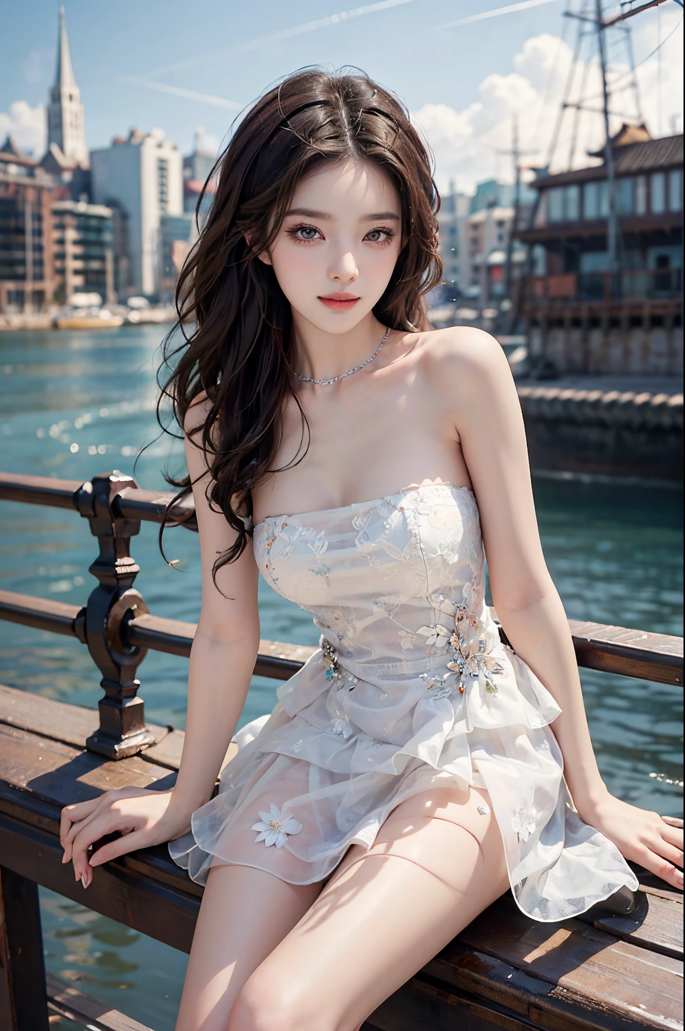 Sweet girl clothes4,strapless dress,jewelry,fashi-girl, liuyifei, ((cowboy shot)), (best quality, masterpiece:1.2), ultra-detailed, (realistic:1.37), beautiful, youthful, glamorous model with (detailed eyes, detailed lips, extremely detailed eyes),   in a knee shot, with white and floral colors, showcasing a radiant smile, slender figure, long legs, creating a breathtaking depiction of a girl enjoying the sunshine, On the bow, leaning against the guardrail, looking into the distance